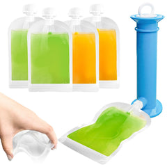 Newmemo pouch-maker close-up showing precise filling nozzle for puree