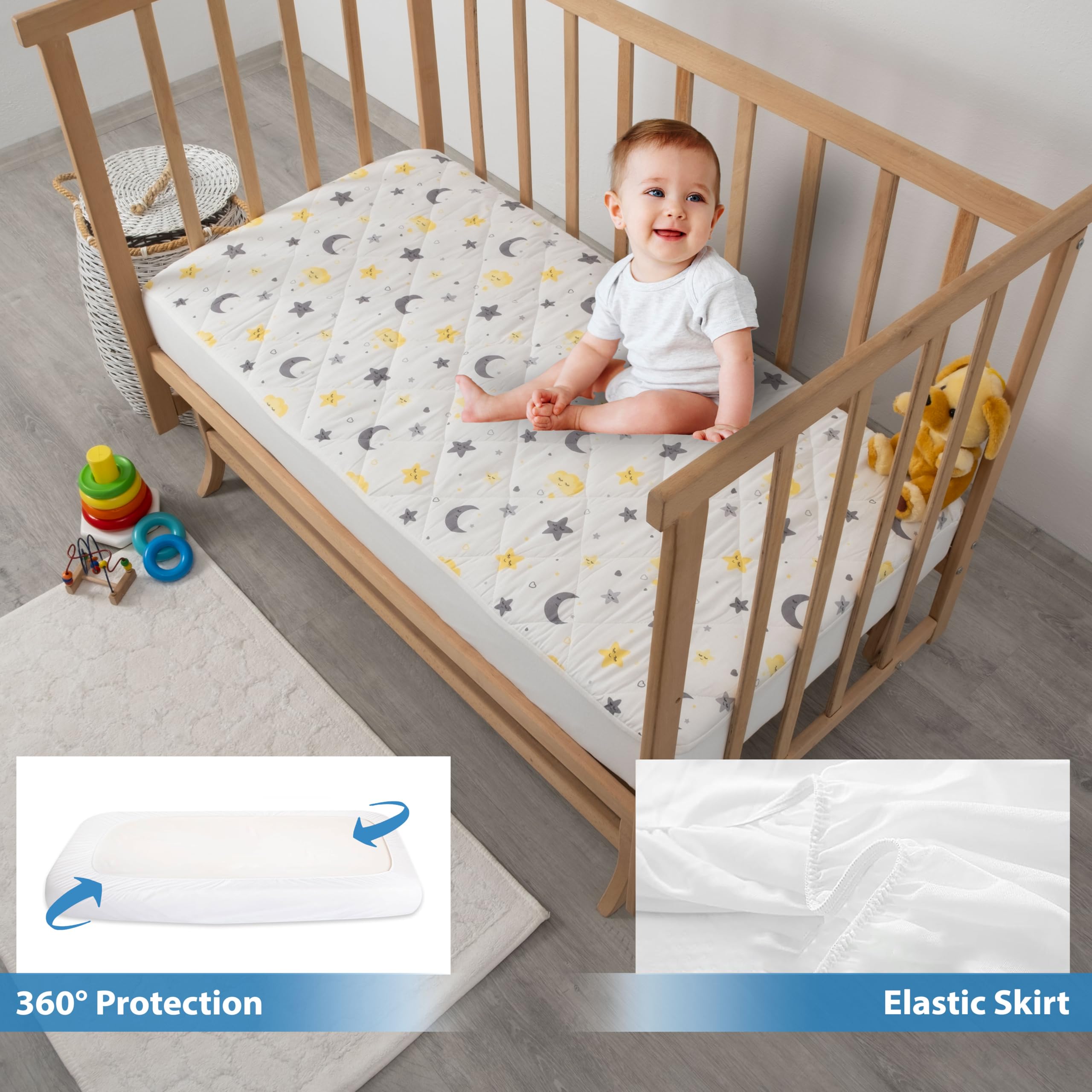 Newo Select deep skirt and elastic corners ensure secure fit on crib mattress