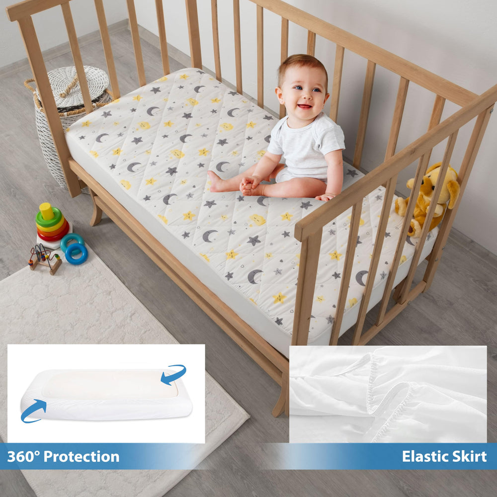 Newo Select deep skirt and elastic corners ensure secure fit on crib mattress