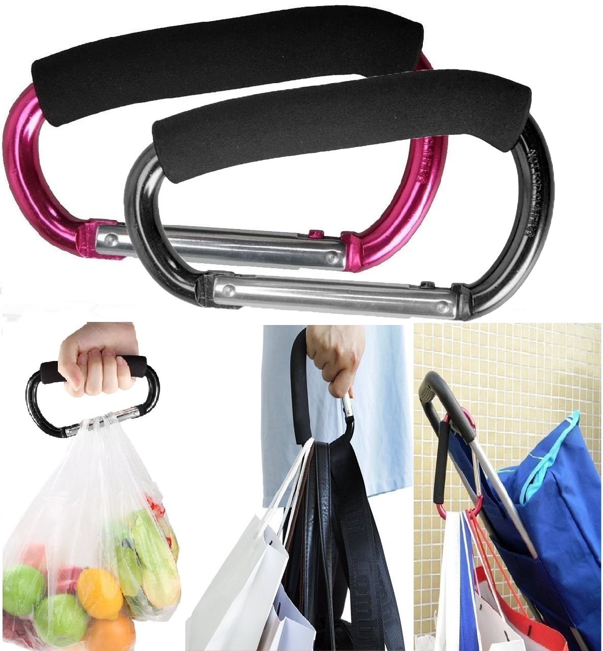 Newraturner stroller hooks pair secures bags for hands-free strolls