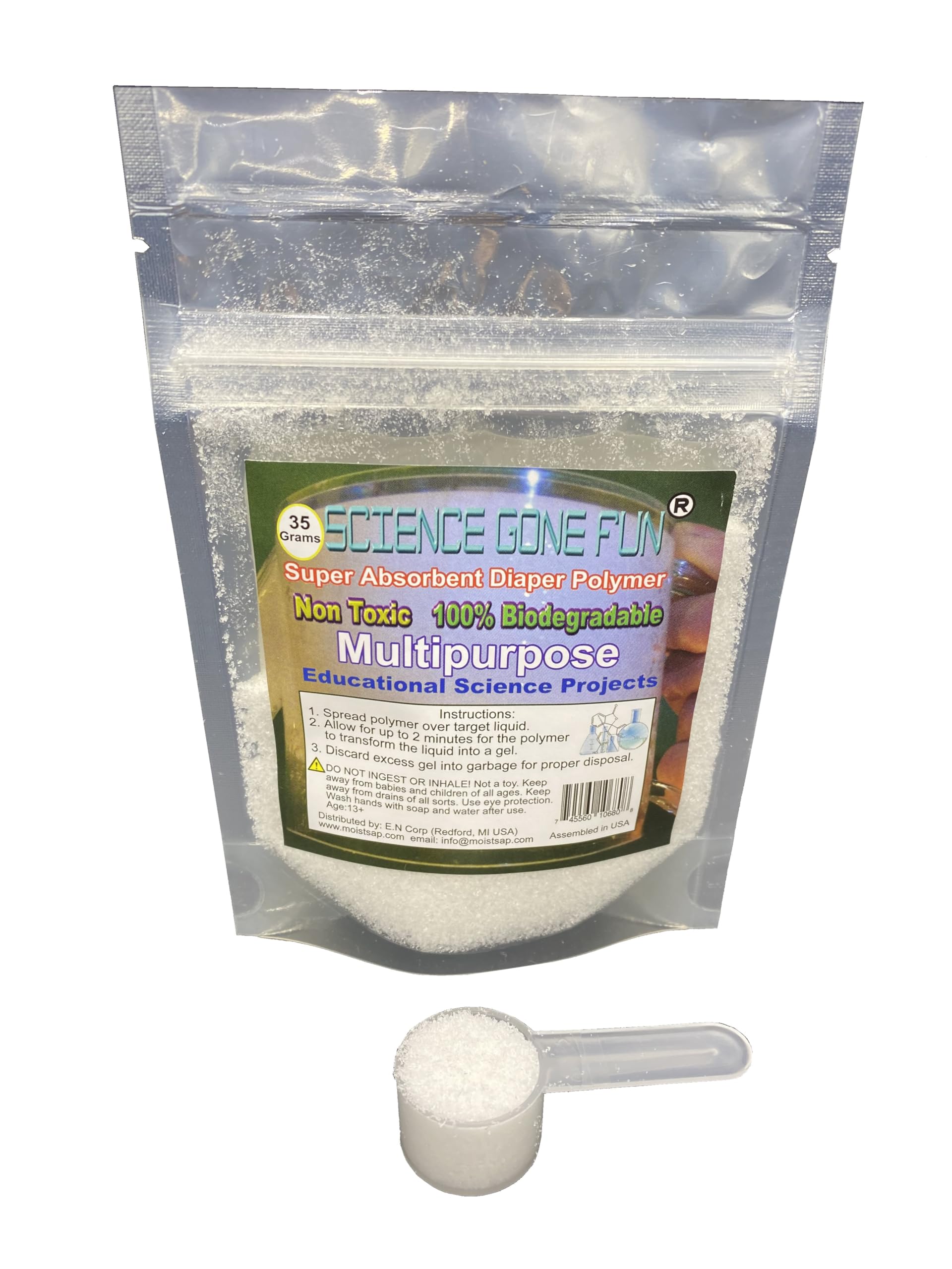 Newsorb 35g bag of sodium polyacrylate ready to gel for experiments