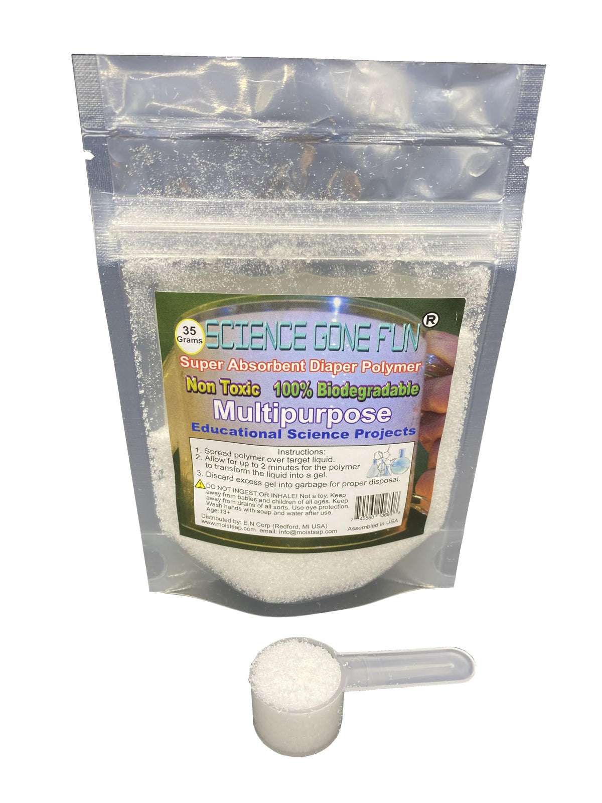 Newsorb 35g bag of sodium polyacrylate ready to gel for experiments