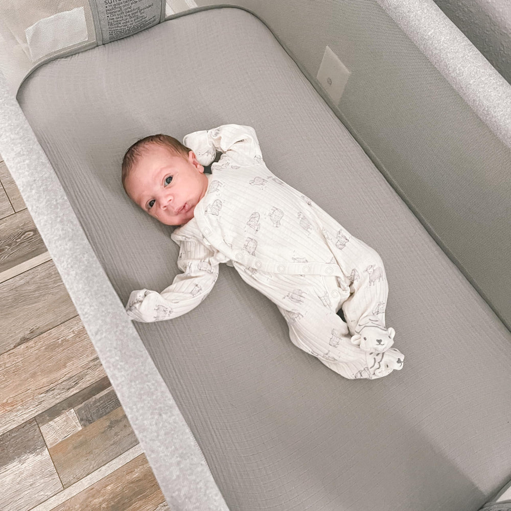 Newton Baby 2-pack grey sheets offer extra clean options for families