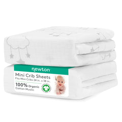 Newton Baby mini crib sheets two-pack closeup showing breathable muslin for baby sleep