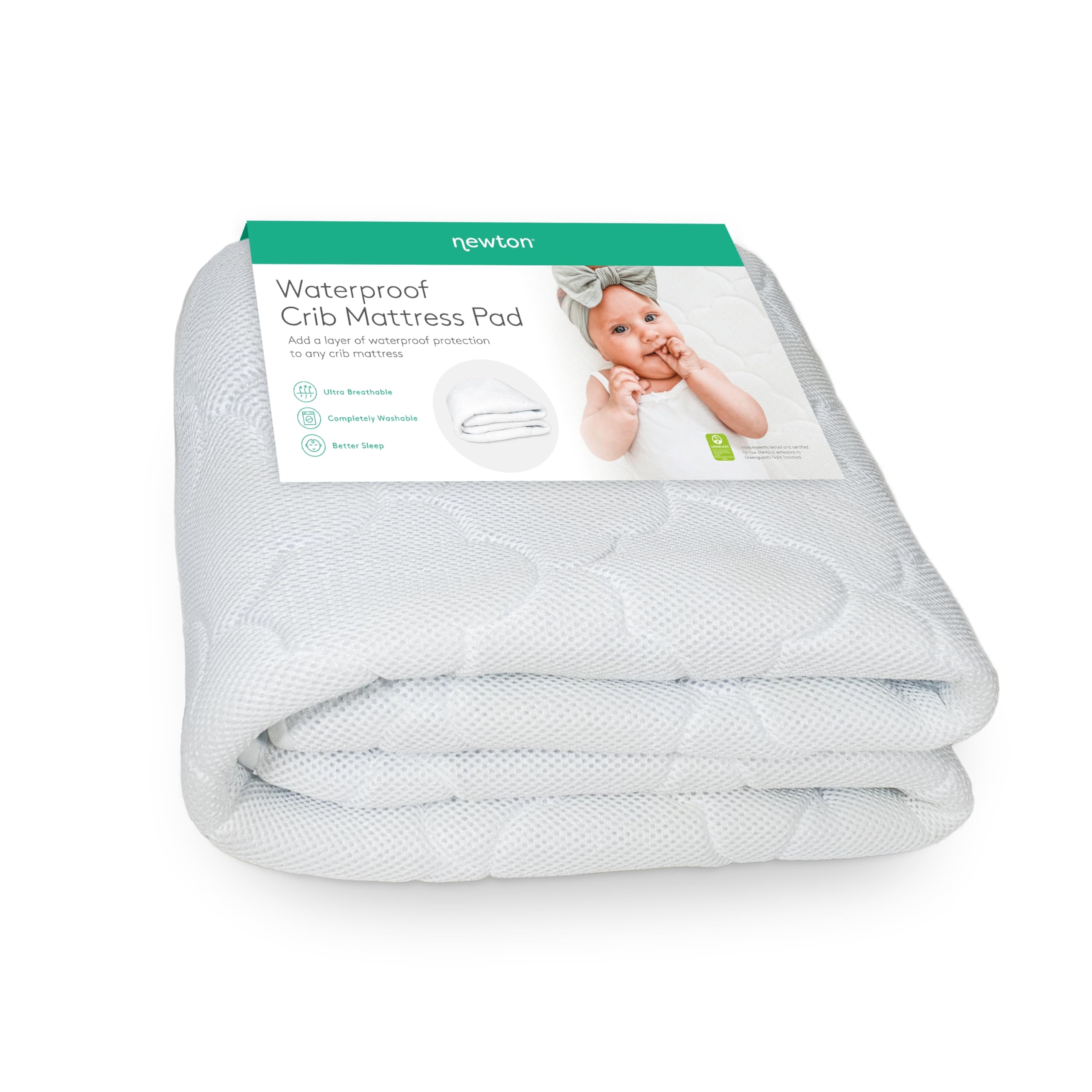 Newton Baby waterproof crib mattress pad waterproof layer keeps mattress dry and clean.