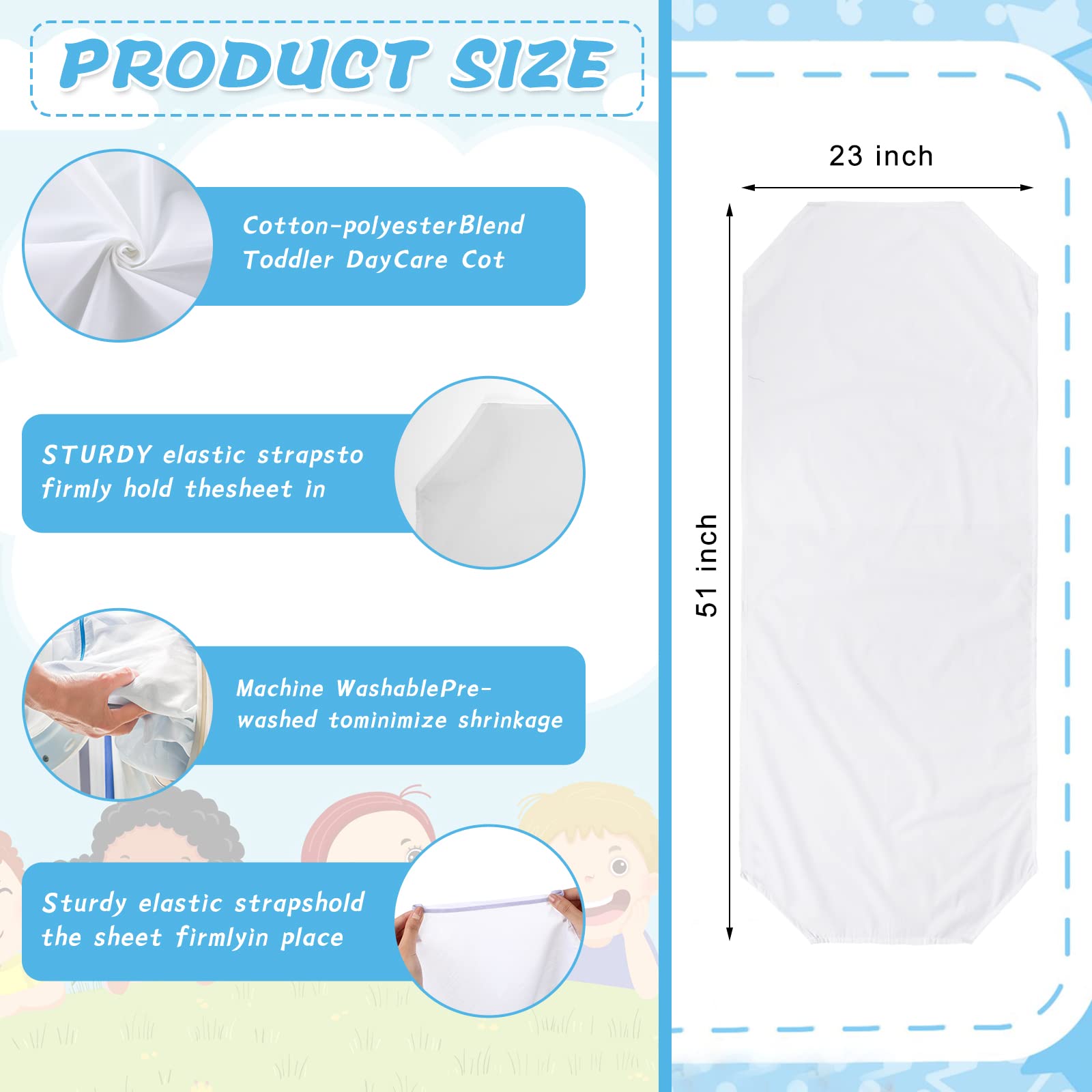Newwiee 20x48-inch cot sheet showing standard size fit for preschool cots.