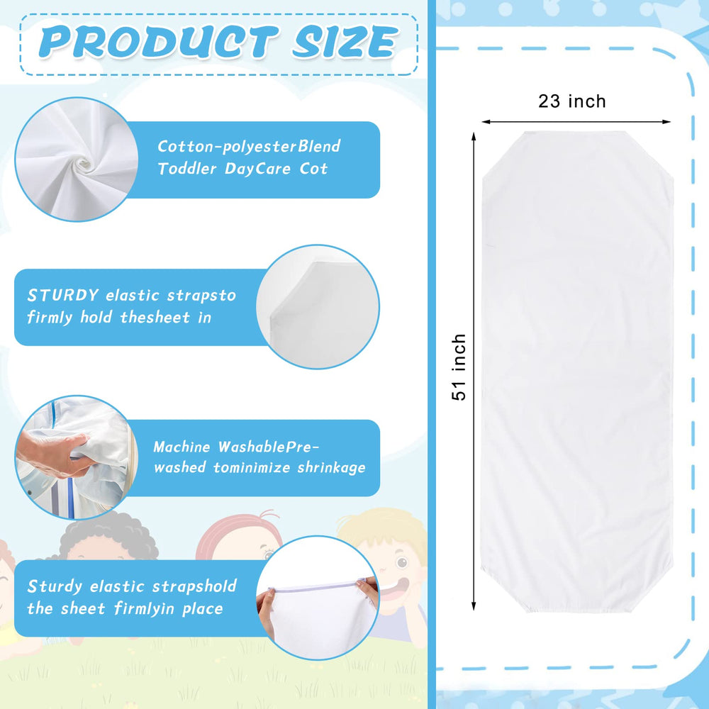 Newwiee 20x48-inch cot sheet showing standard size fit for preschool cots.
