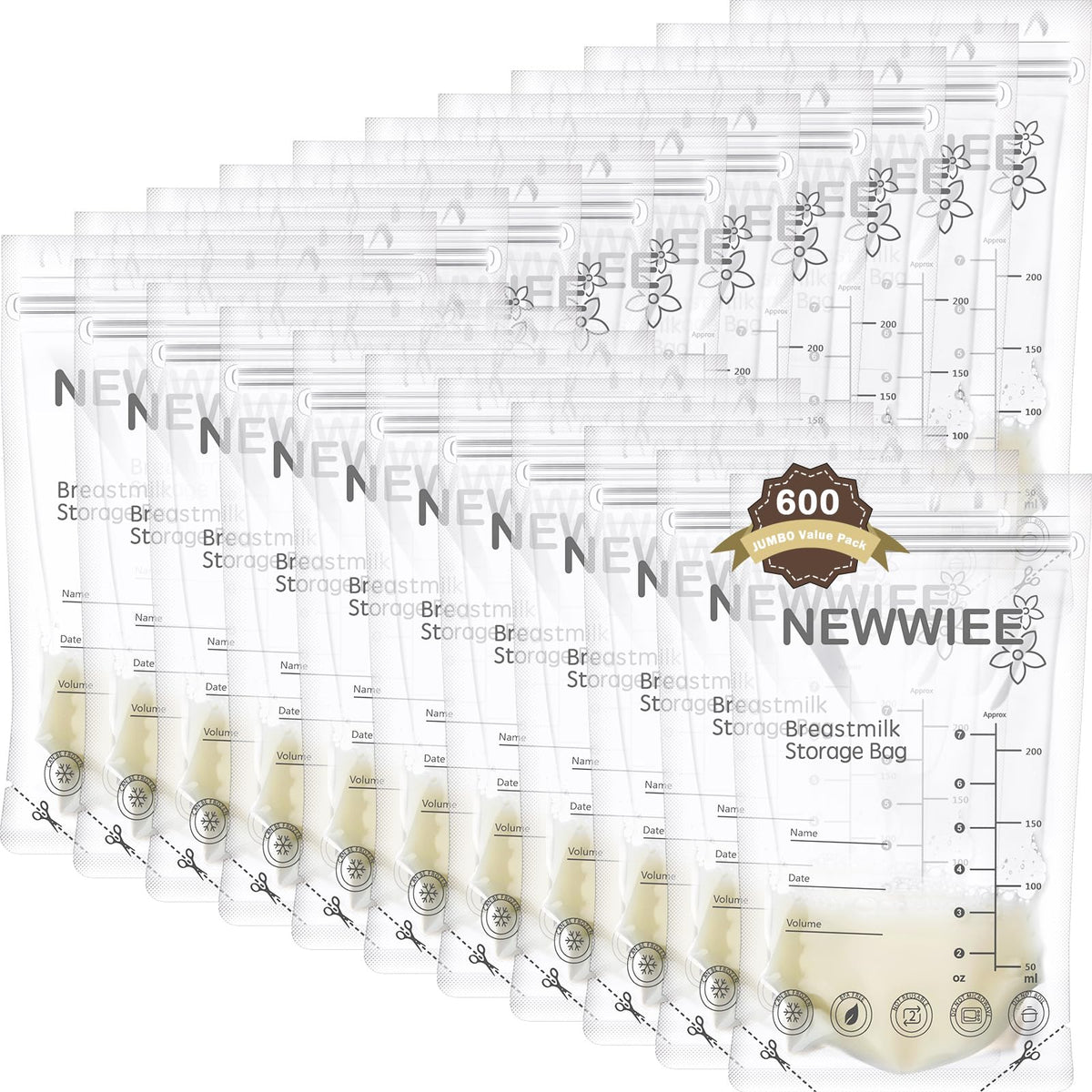 Newwiee breastmilk bags packaging highlighting leak protection with double seal.
