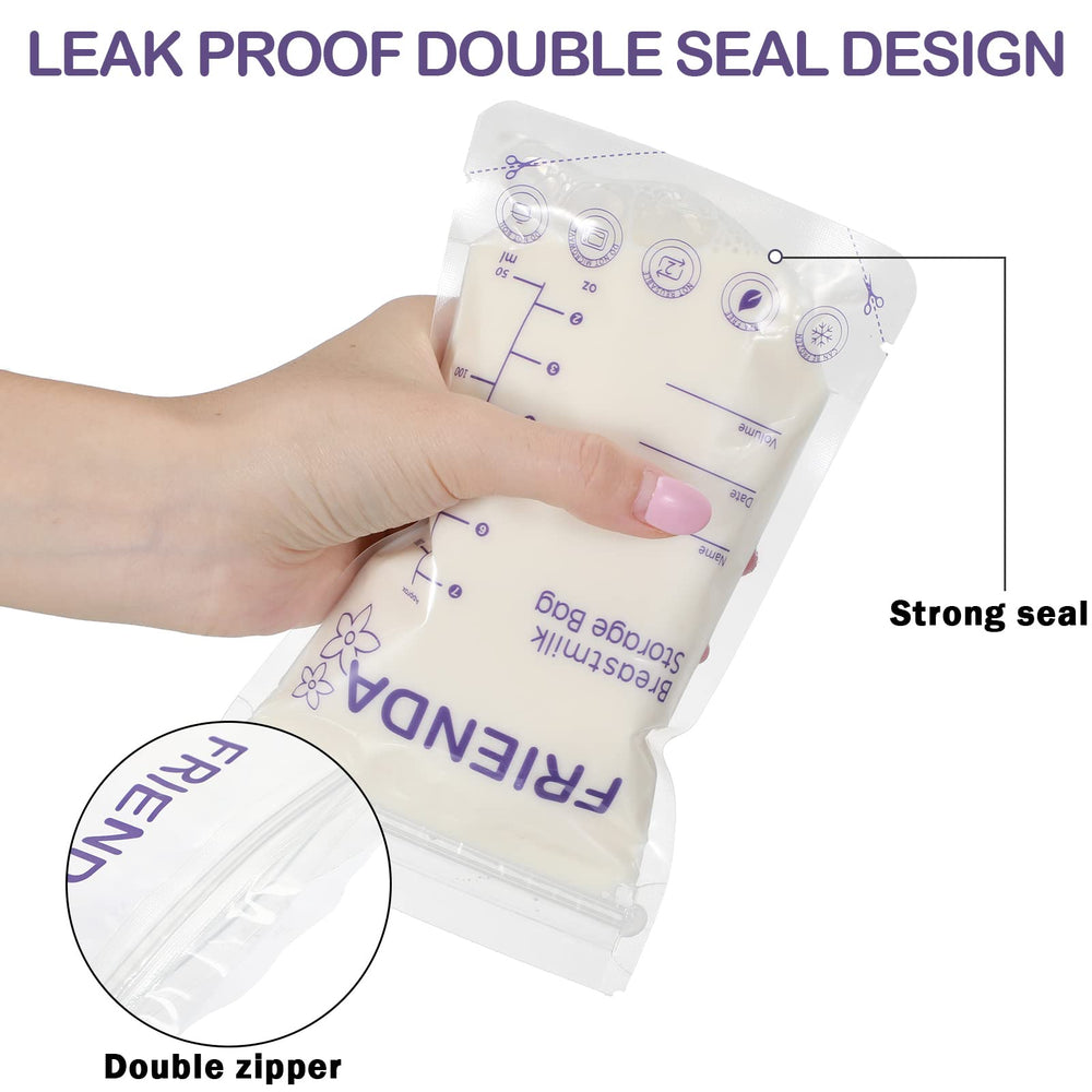 Newwiee breastmilk bags showing label and volume scale for tracking