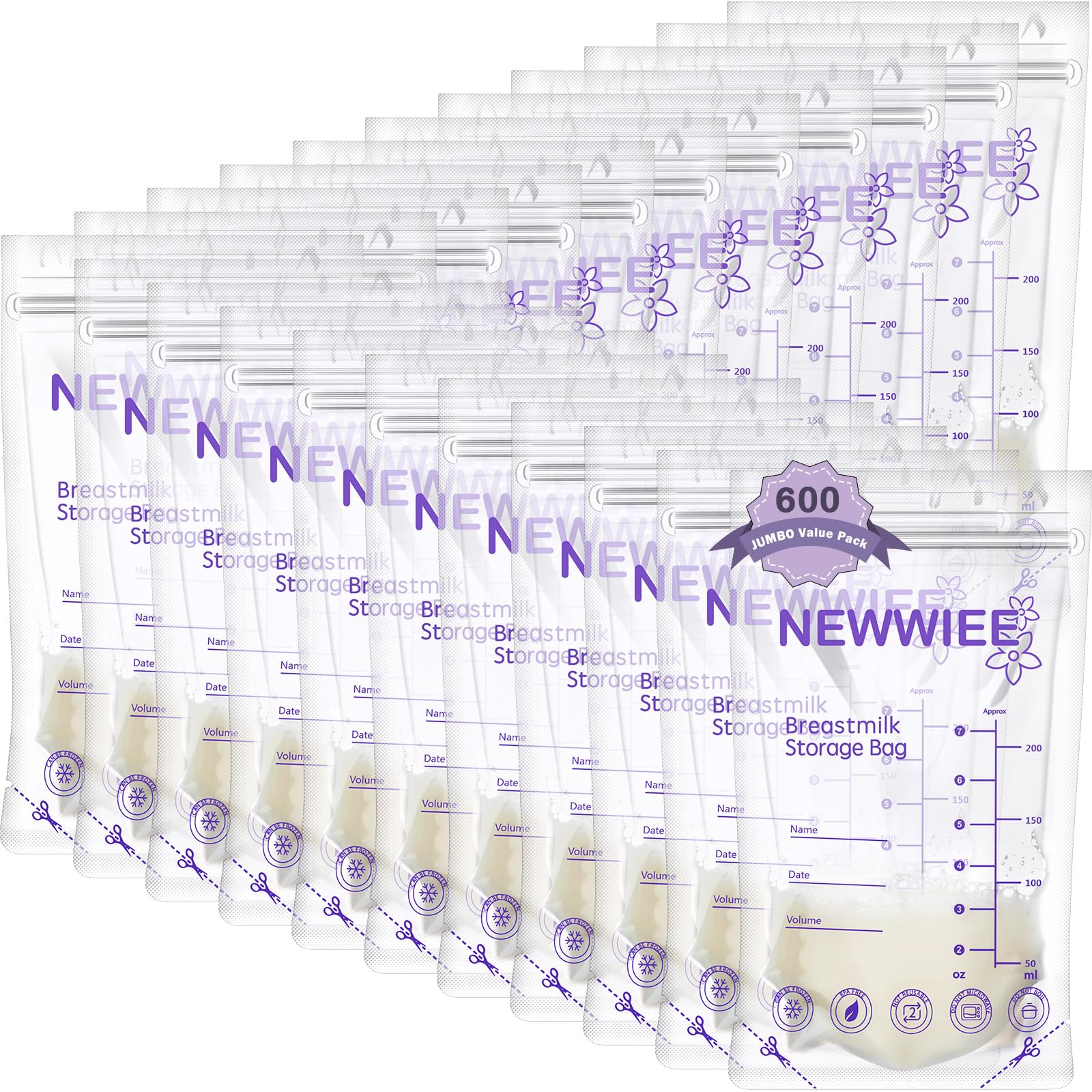 Newwiee breastmilk bags packaging shows 600-count box for organized storage