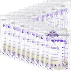 Newwiee breastmilk bags packaging shows 600-count box for organized storage