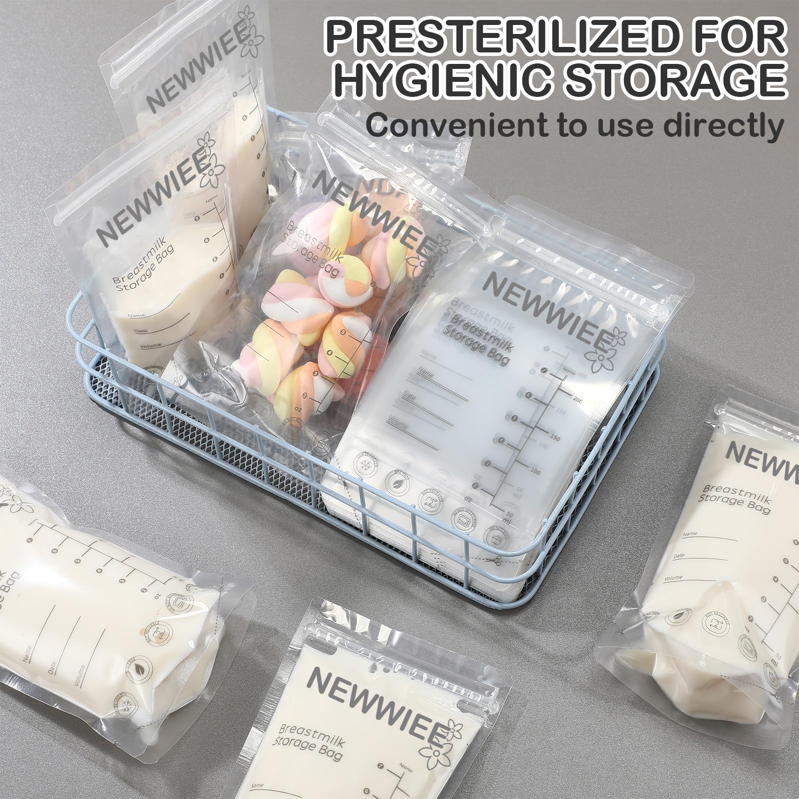 Newwiee self-standing breastmilk bags stay upright for space-saving storage.