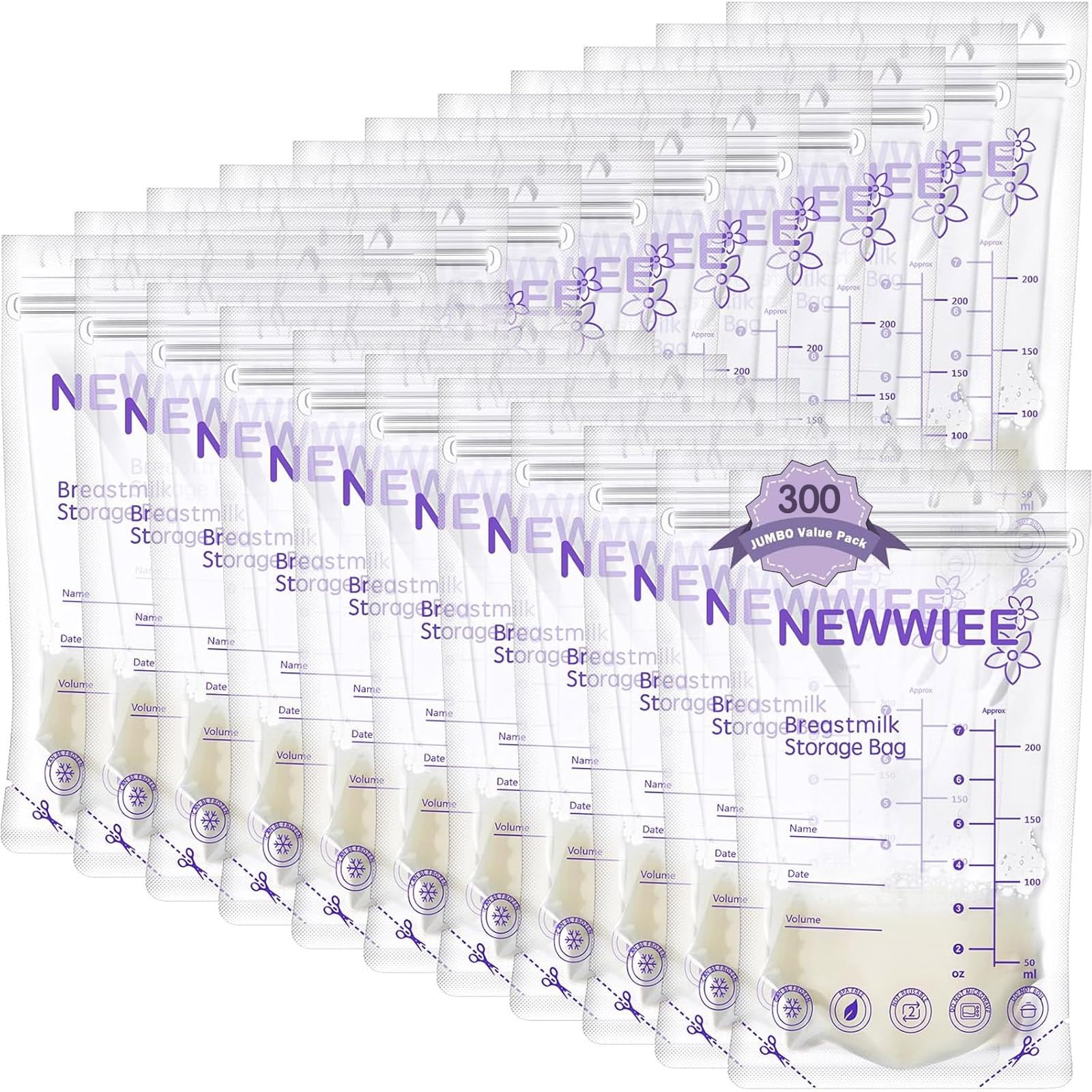 Newwiee 8 oz breastmilk storage bags in a 300-count pack, ready for daily milk storage.