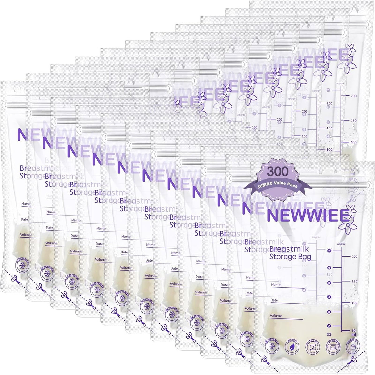 Newwiee 8 oz breastmilk storage bags in a 300-count pack, ready for daily milk storage.