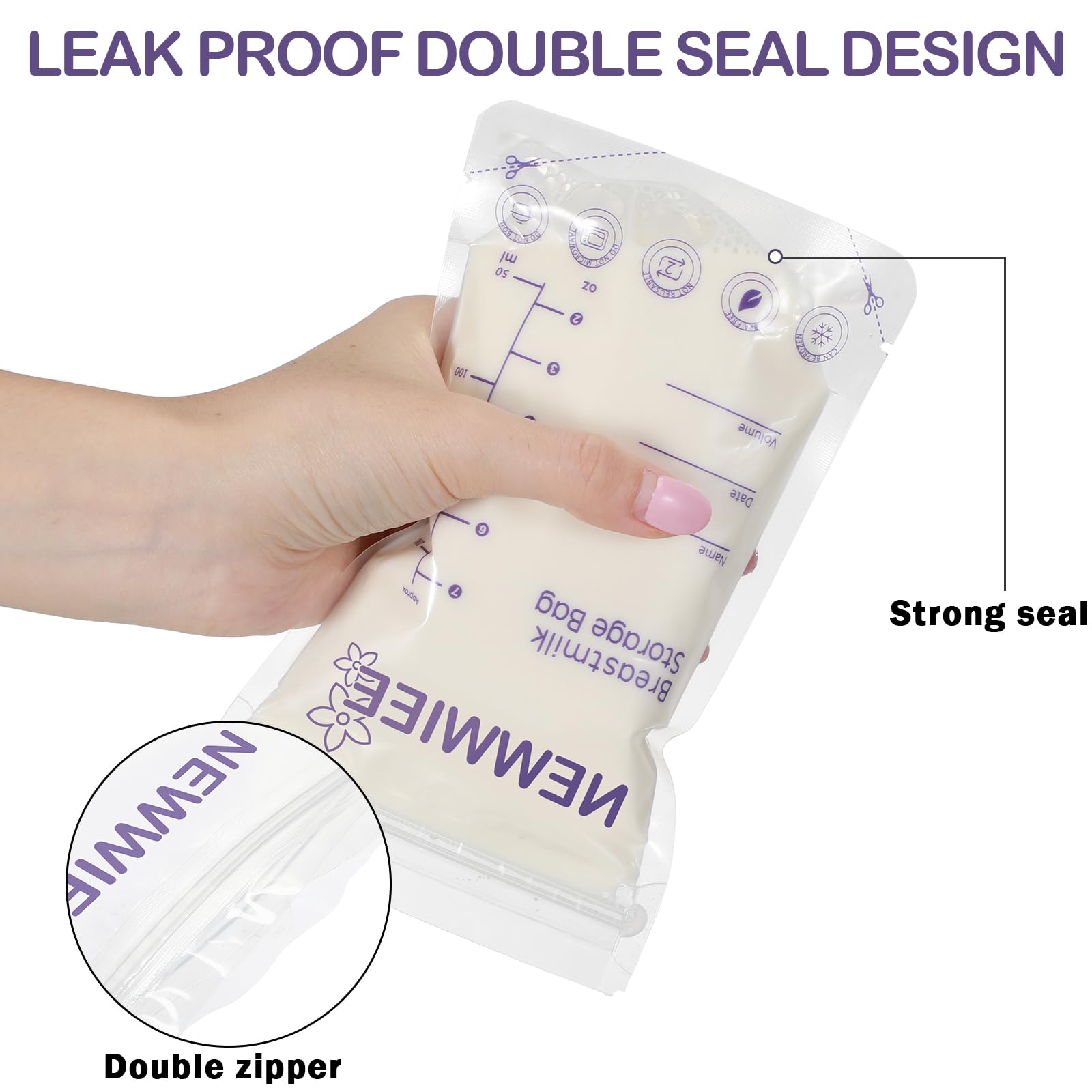 Newwiee bag featuring a pour spout for mess-free milk transfer.