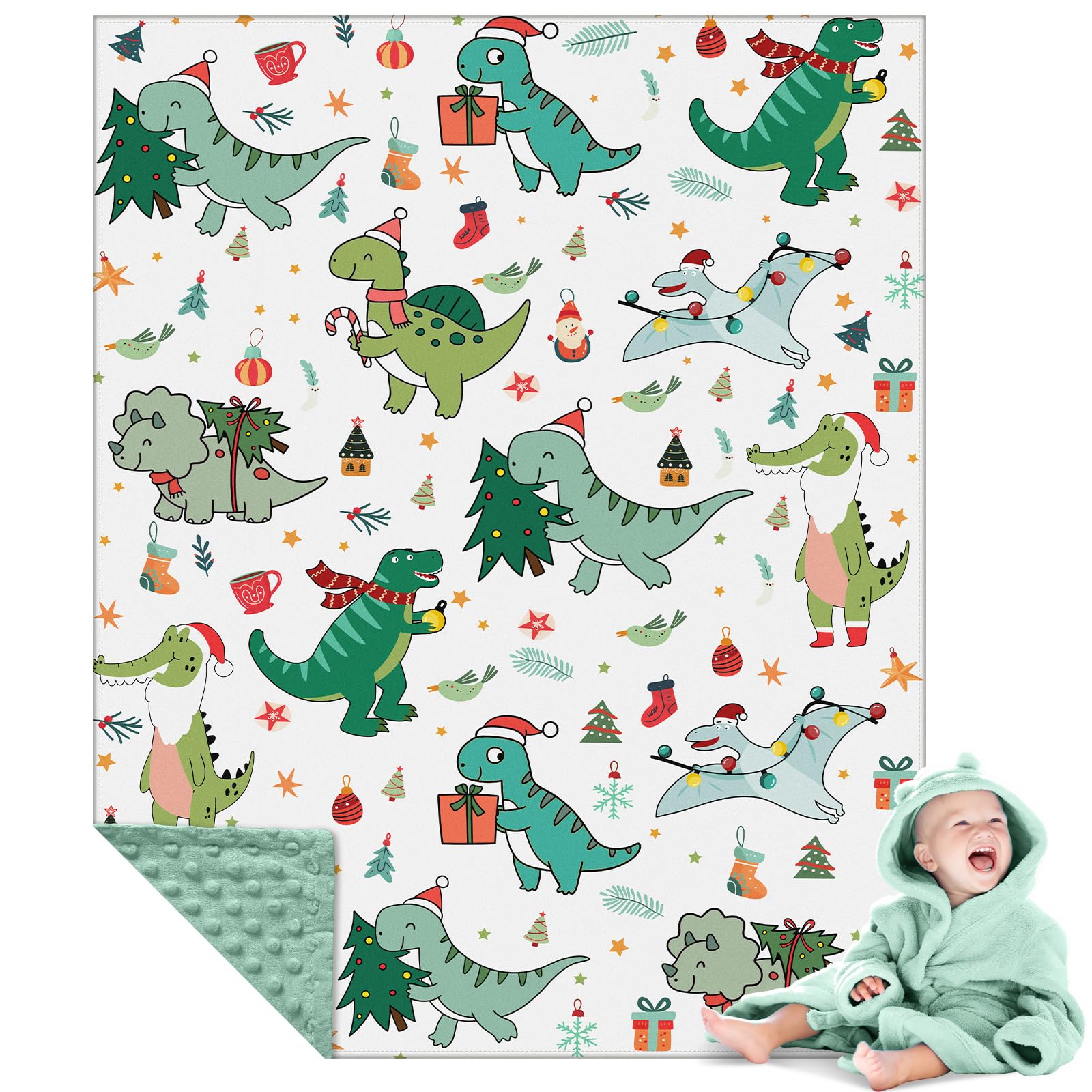Newwiee Christmas dinosaurs blanket print closeup shows vibrant cozy warmth for bedtime