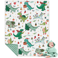 Newwiee Christmas dinosaurs blanket print closeup shows vibrant cozy warmth for bedtime