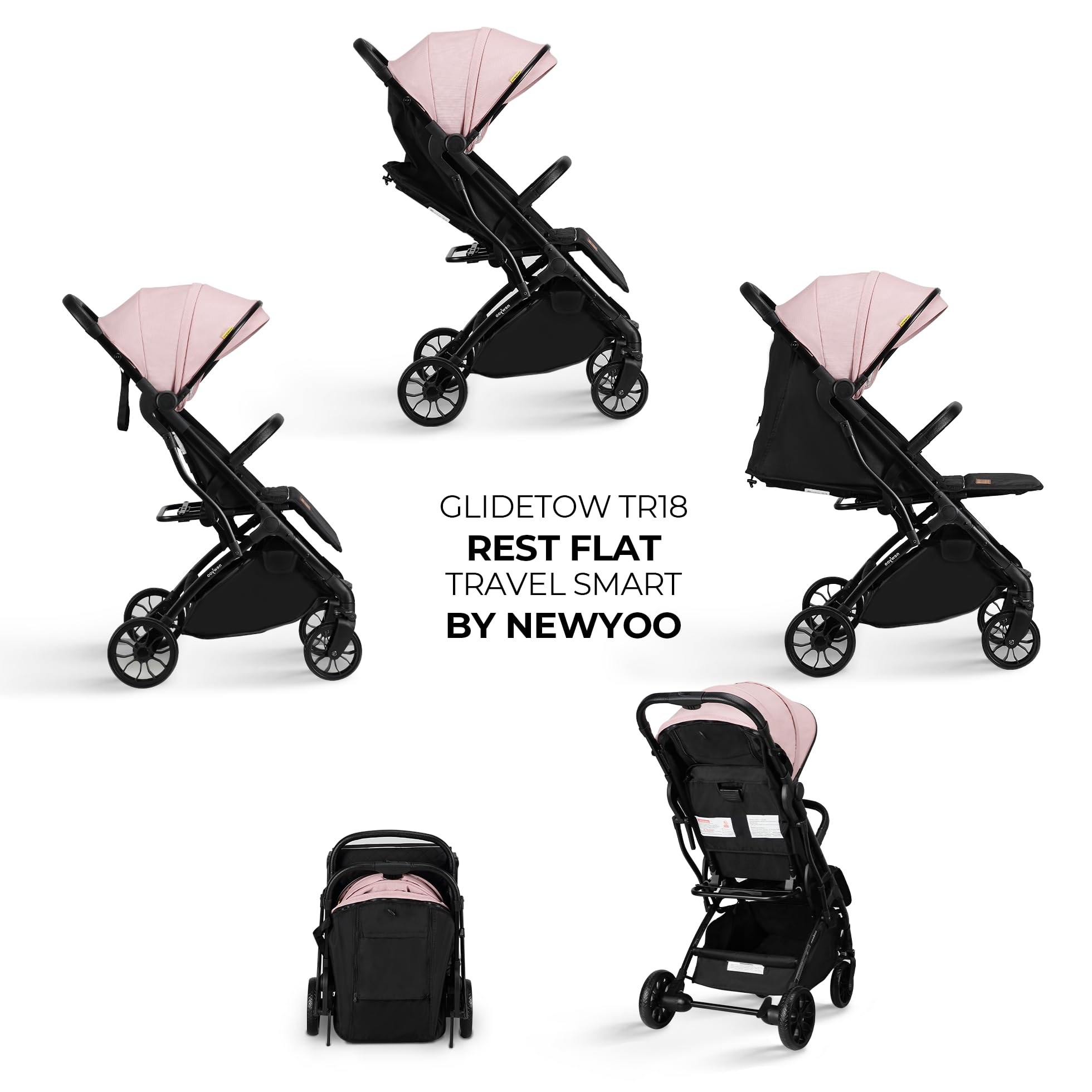 newyoo GlideTow TR18M seat-open view showing near-flat recline and comfort.