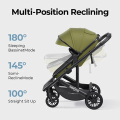 newyoo Nestro 516M stroller green lay-flat mode for newborn comfort on walks.