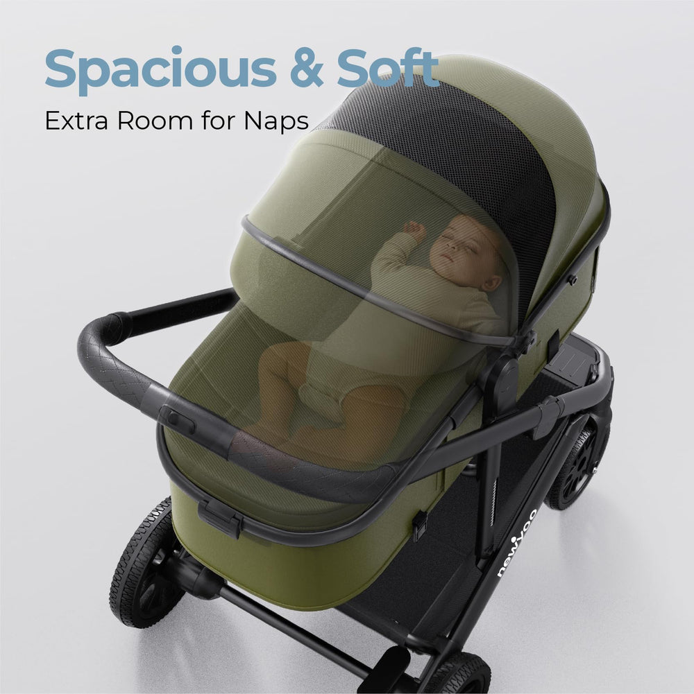 newyoo Nestro 516M stroller green under-seat storage for on-the-go essentials.