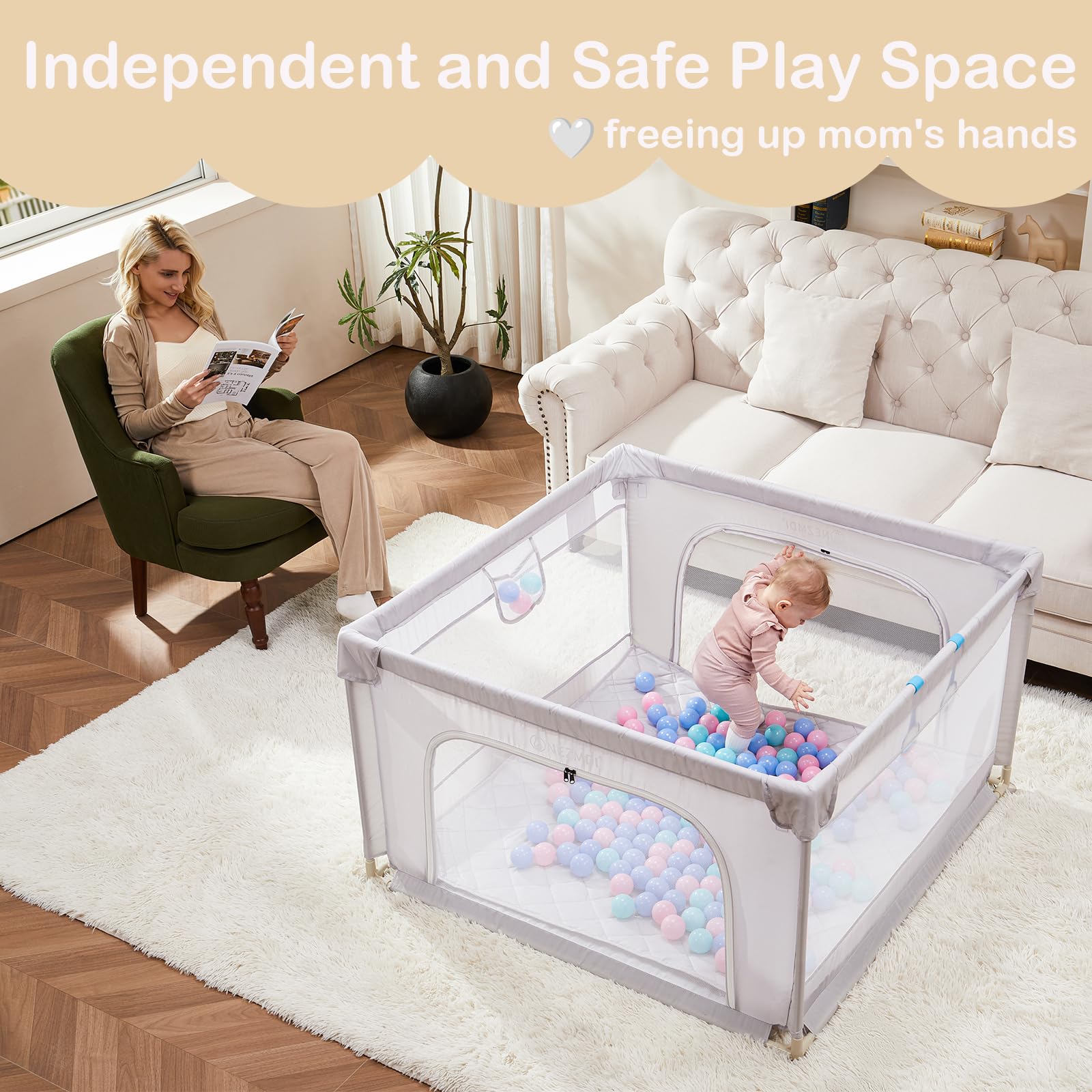 Nezmdi baby playpen easy-assembly shows tool-free setup for fast family use.