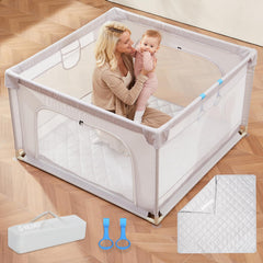 Nezmdi baby playpen mat inside view highlights waterproof surface for easy cleanup and safe play.