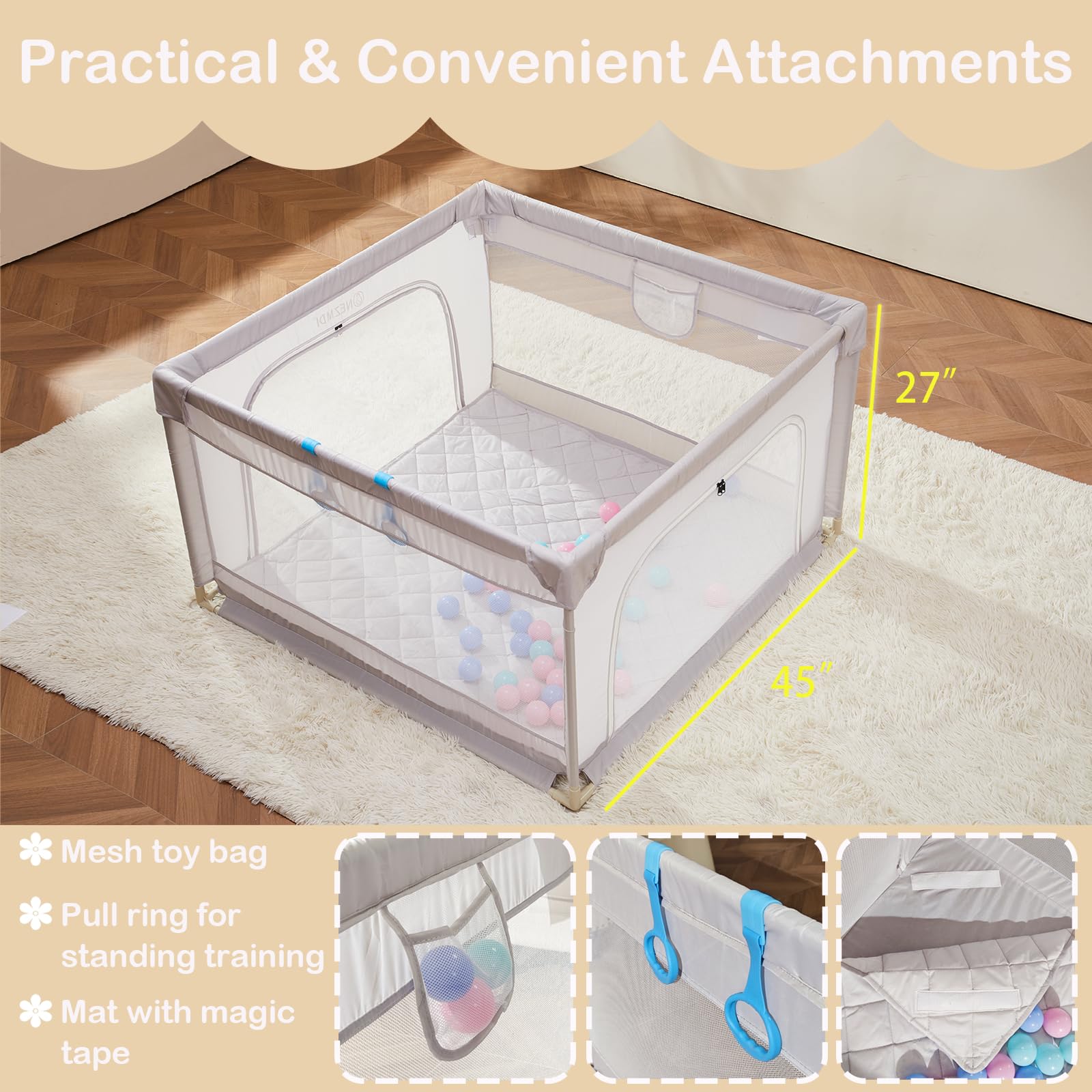 Nezmdi baby playpen soft mesh fence conveys breathable safety for curious toddlers.