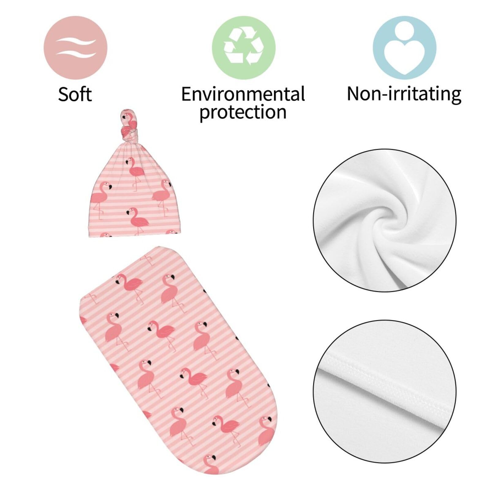 Nezweld Flamingo swaddle set on baby demonstrates unisex styling in use.