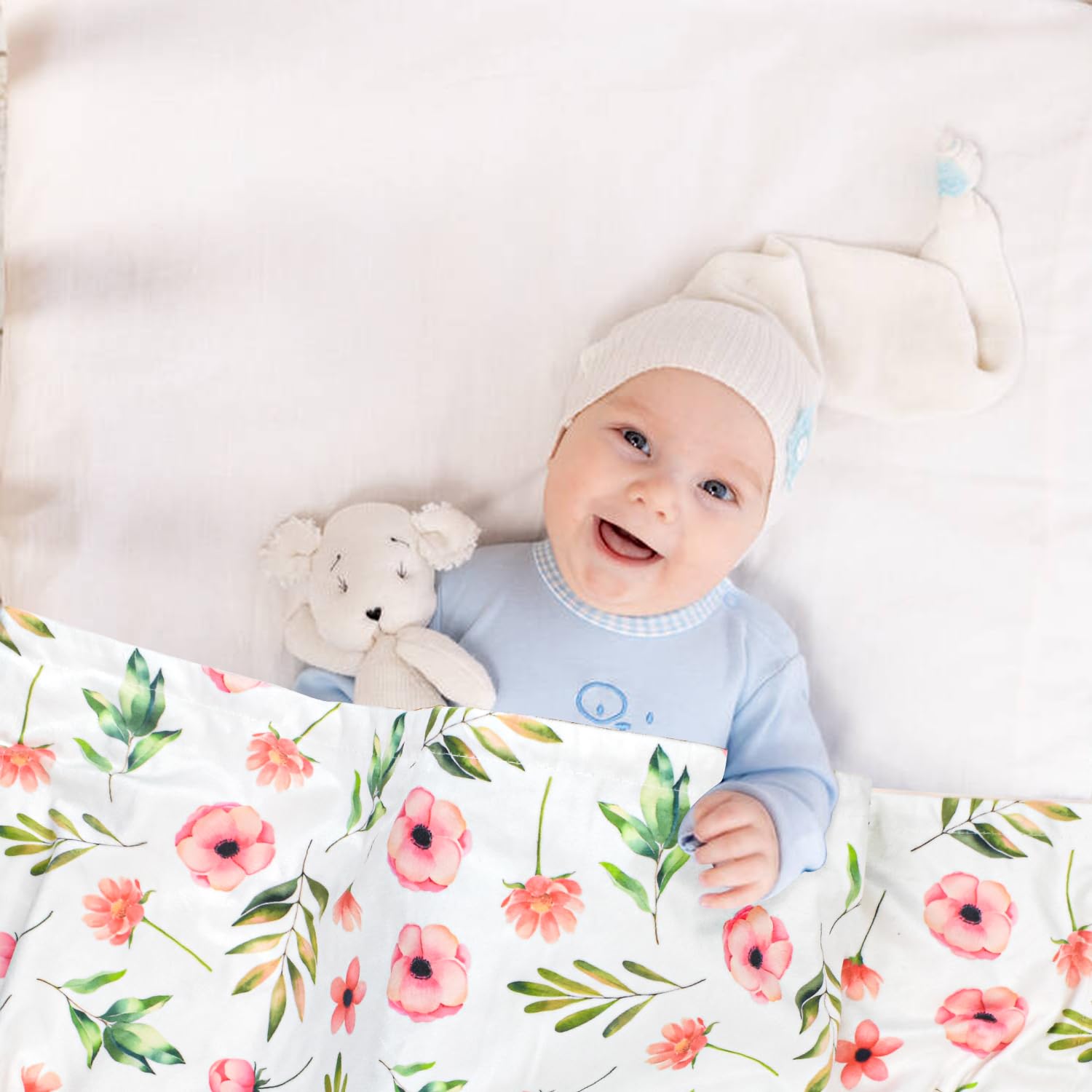 Nialnant floral baby blanket care wash shows easy machine-clean routine.