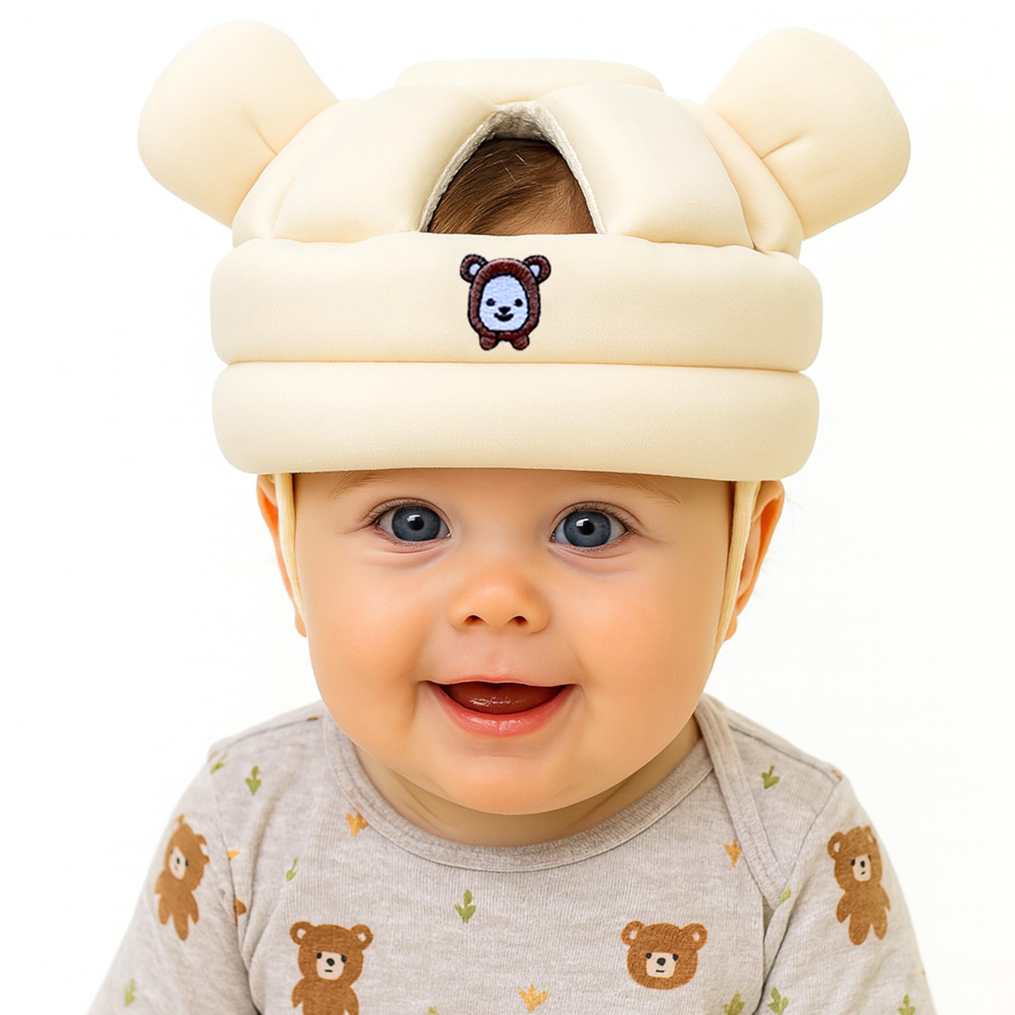 Nibelloo baby head protector on crawling baby for safer early mobility.