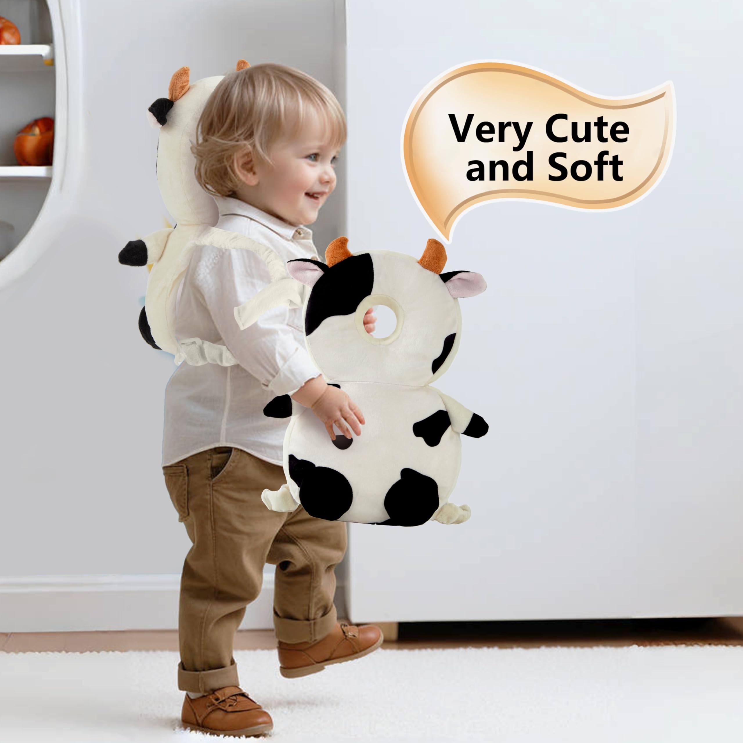 NICE CHOICE cow-pattern protector with chest and shoulder straps for stable support during play.