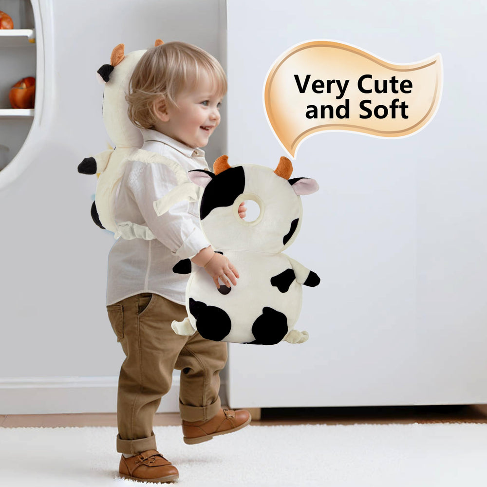 NICE CHOICE cow-pattern protector with chest and shoulder straps for stable support during play.