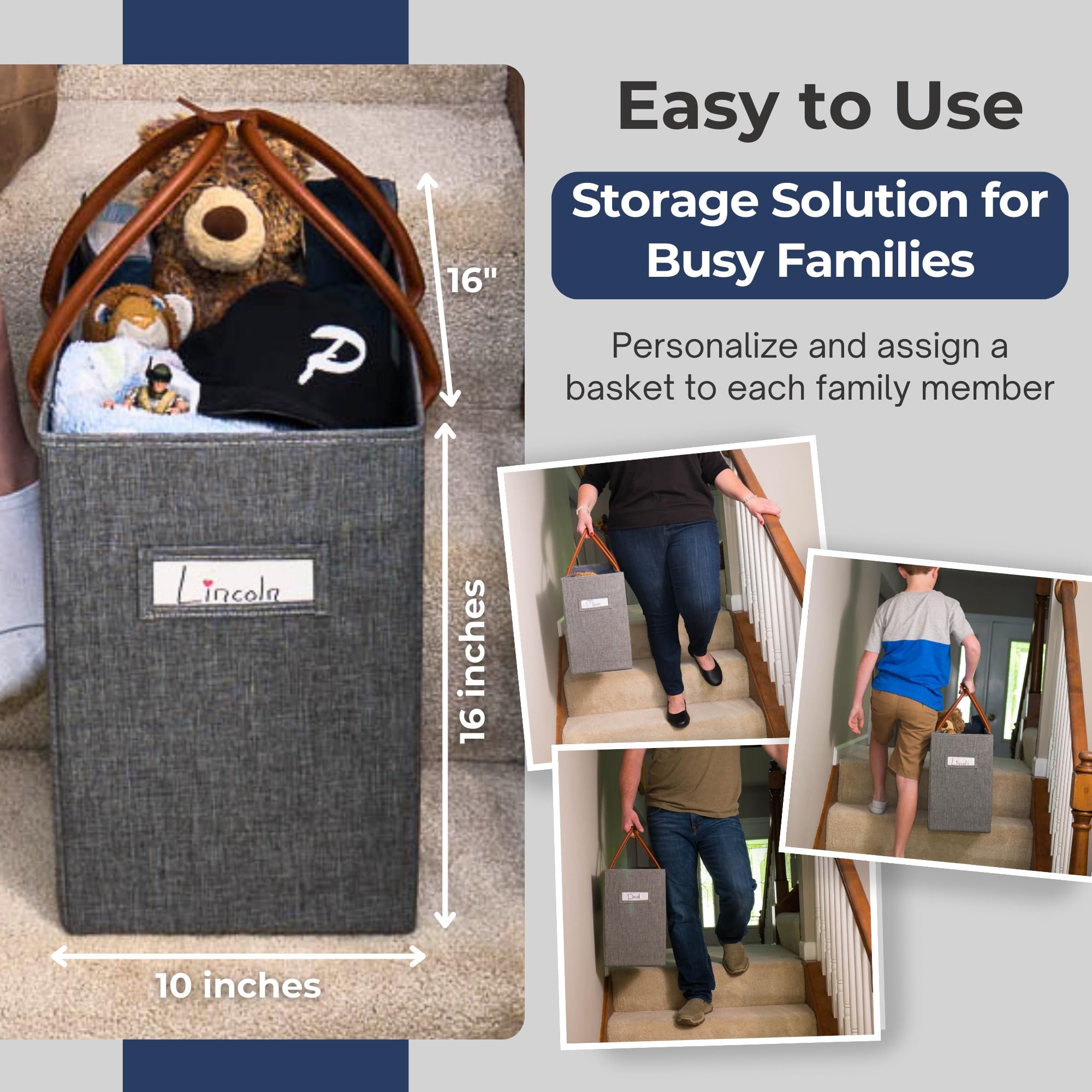 Nice & Simple Stair Basket 16x9x16 dimensions shown for spacious stair-side organization.