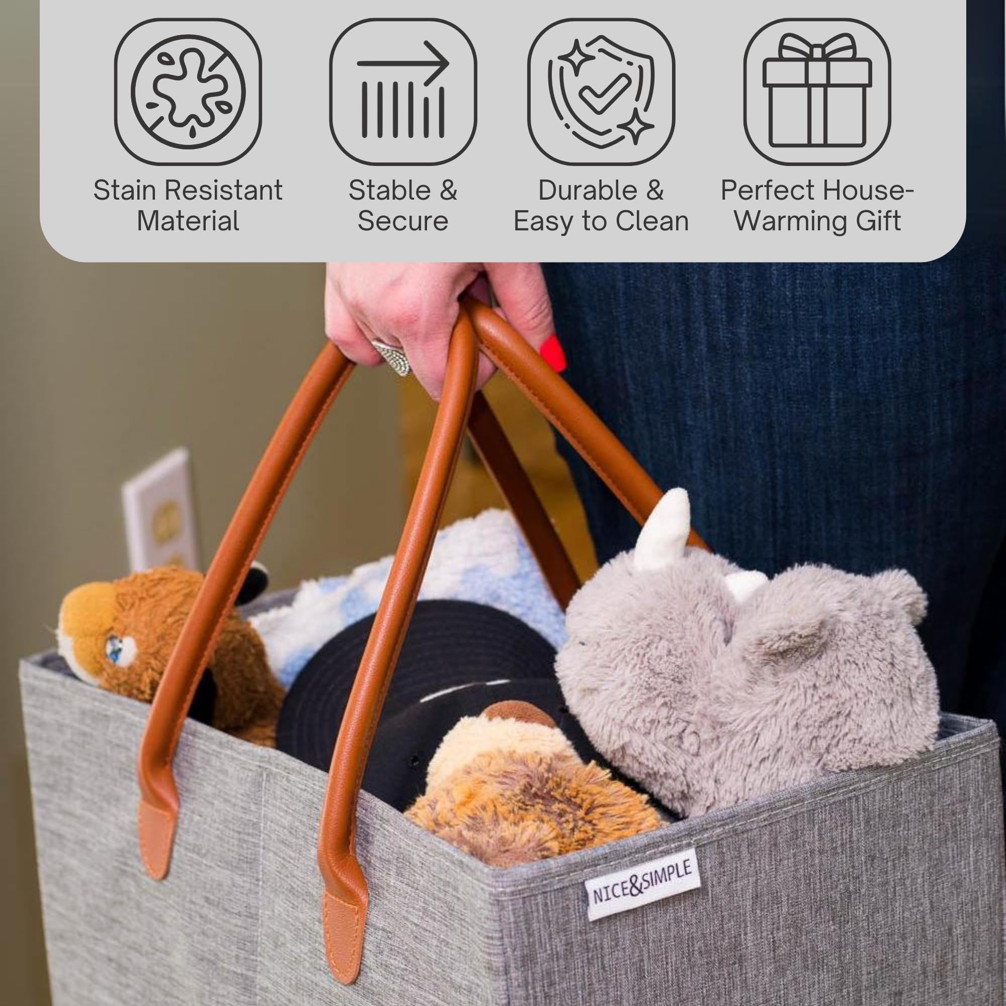 Nice & Simple Stair Basket faux leather handle emphasizes a comfortable grip during transport.