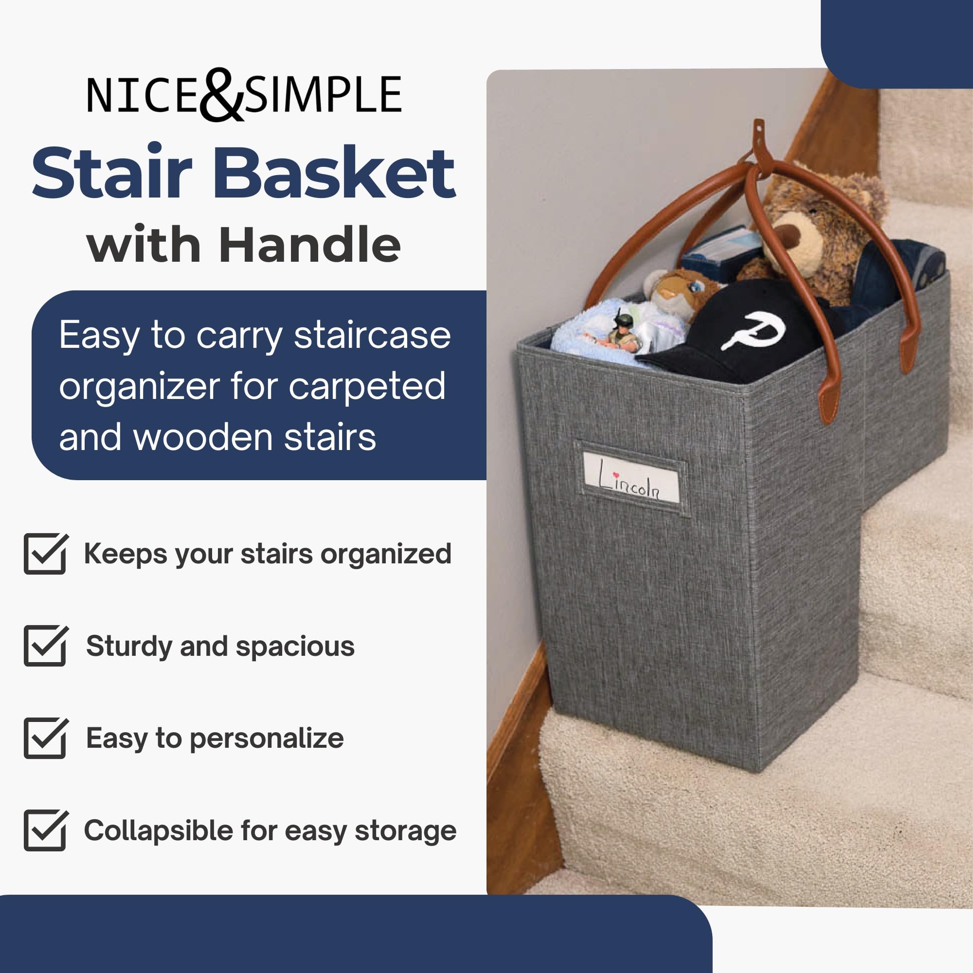 Nice & Simple Stair Basket self-fastener design demonstrates stability during stair transport.