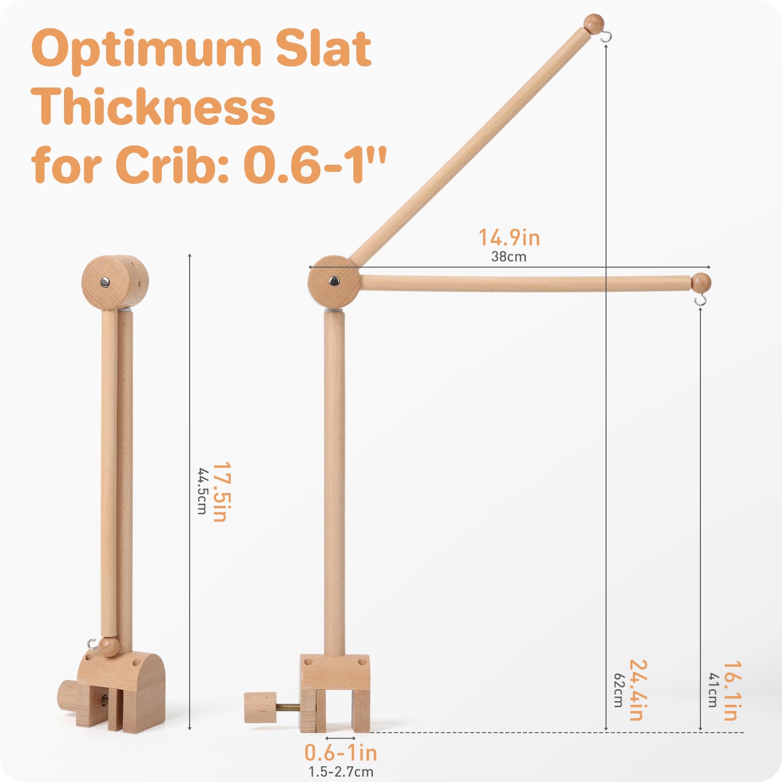 NICEMER crib arm height adjustment shows three levels for optimal mobile placement.