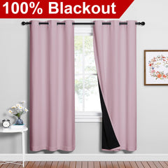 NICETOWN baby pink blackout curtains showing 72-inch drop for tall windows.
