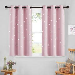 NICETOWN baby pink star curtains closeup shows star cutouts for nap-friendly light
