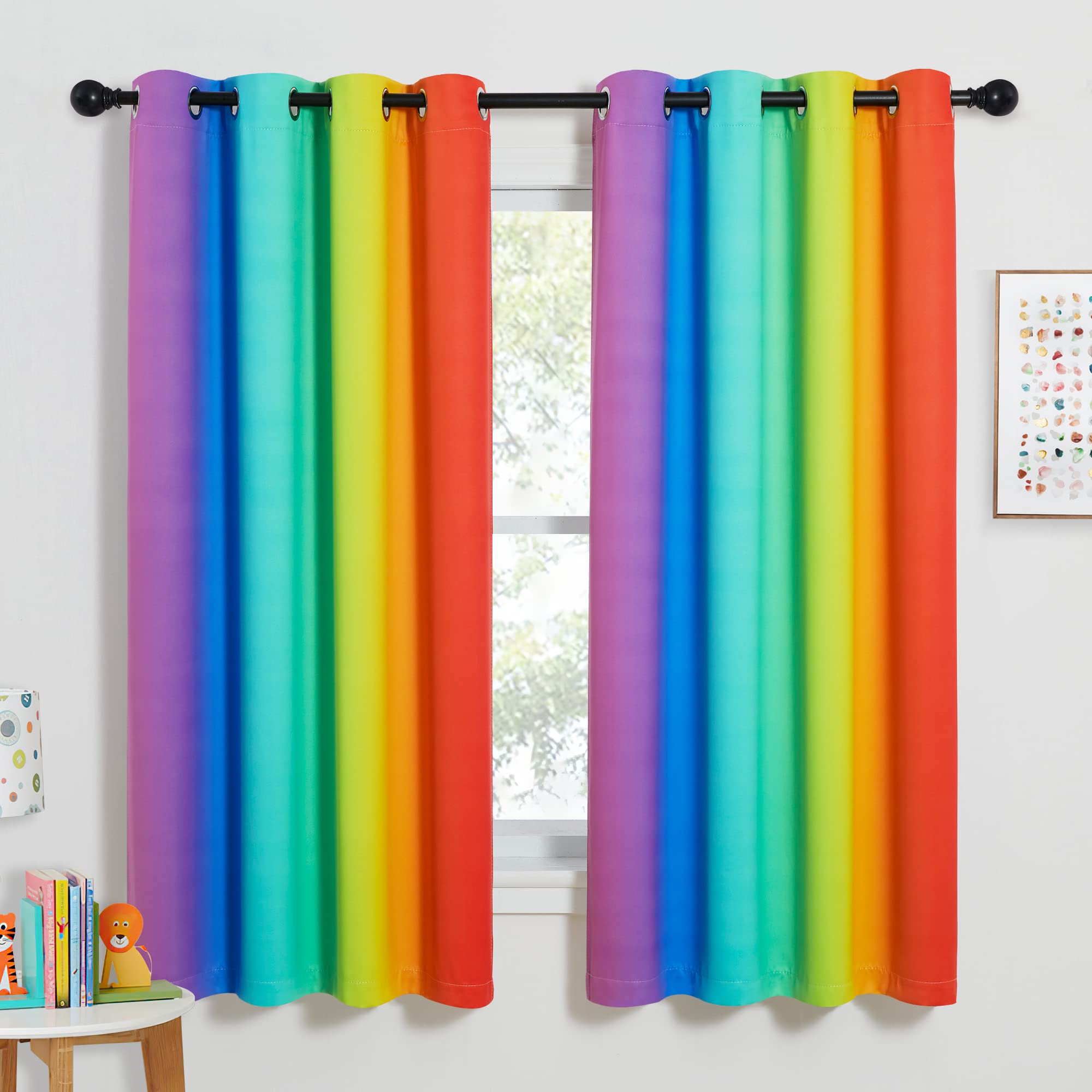 NICETOWN rainbow curtain panel 52W x 63L view shows vibrant colors and easy hanging setup