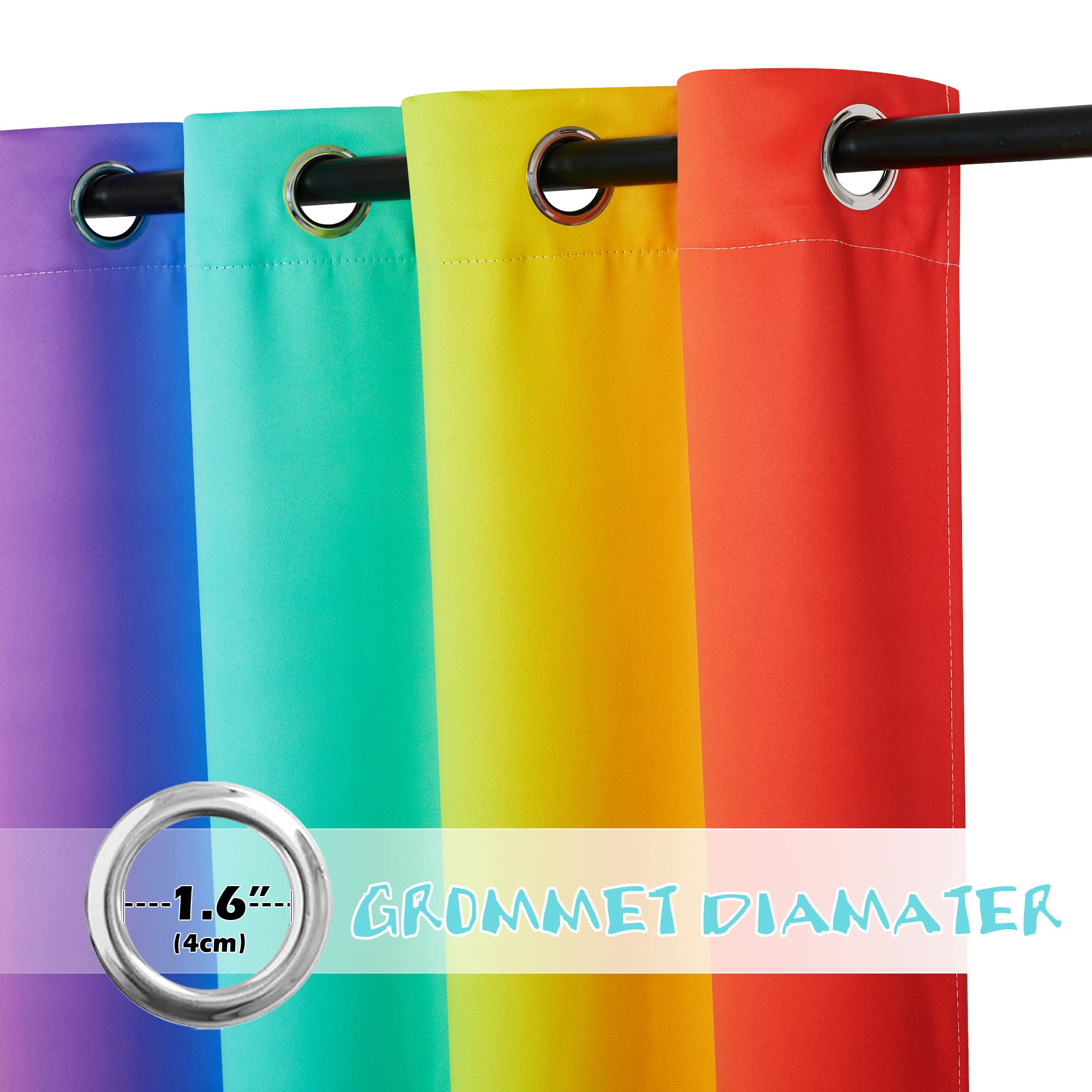 NICETOWN rainbow curtain panel close-up highlights fabric and grommet alignment