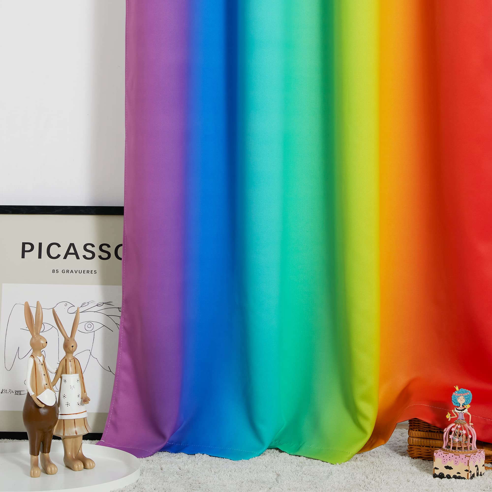 NICETOWN rainbow curtains in bedroom setup create playful mood while reducing glare