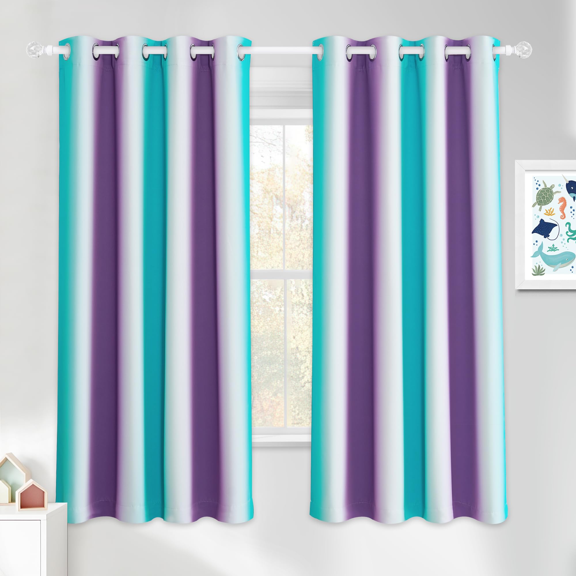 NICETOWN Kids blackout curtains teal purple ombre closeup showing privacy and light control