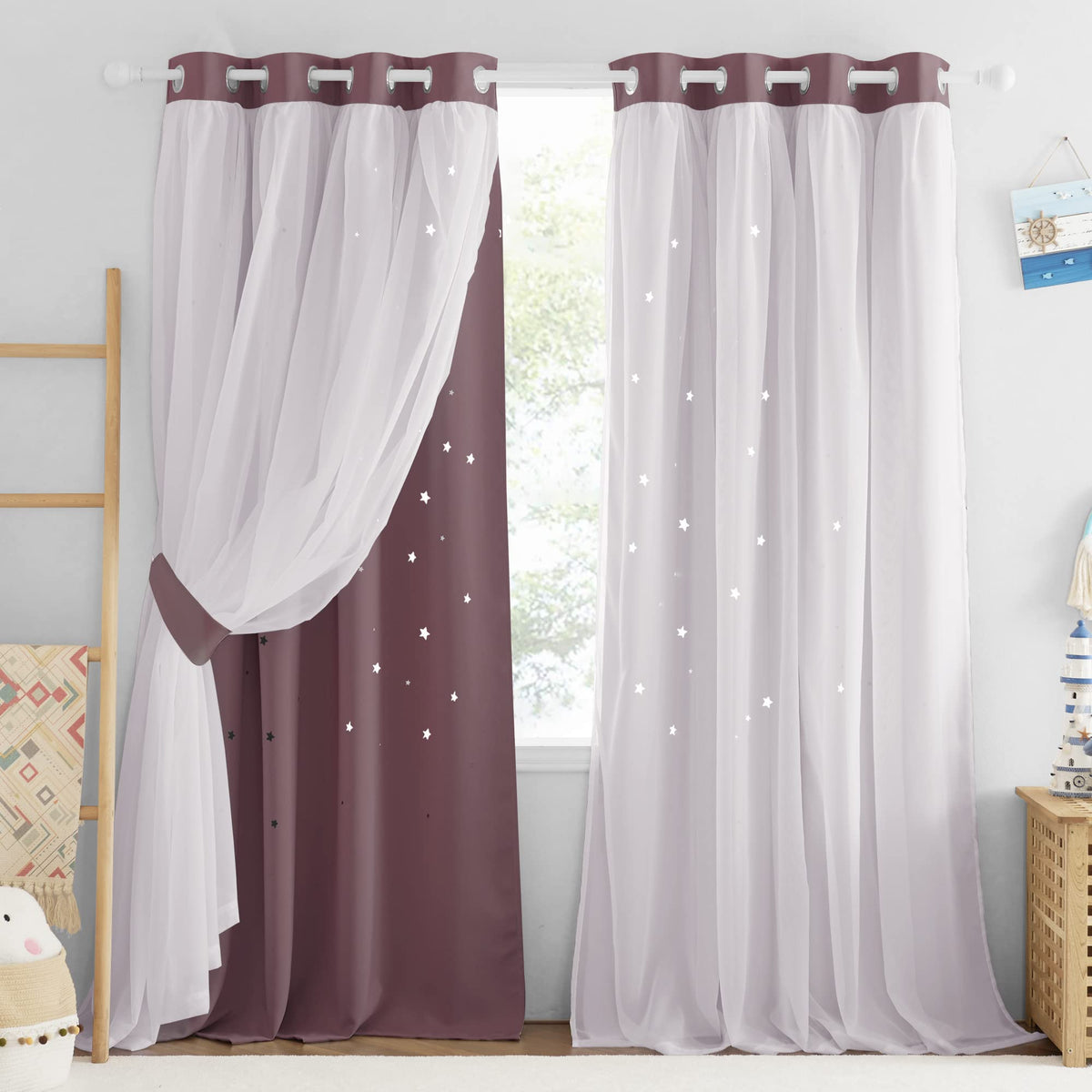 NICETOWN Kids Curtains star cutout design blocks light for a dreamy nursery ambiance.