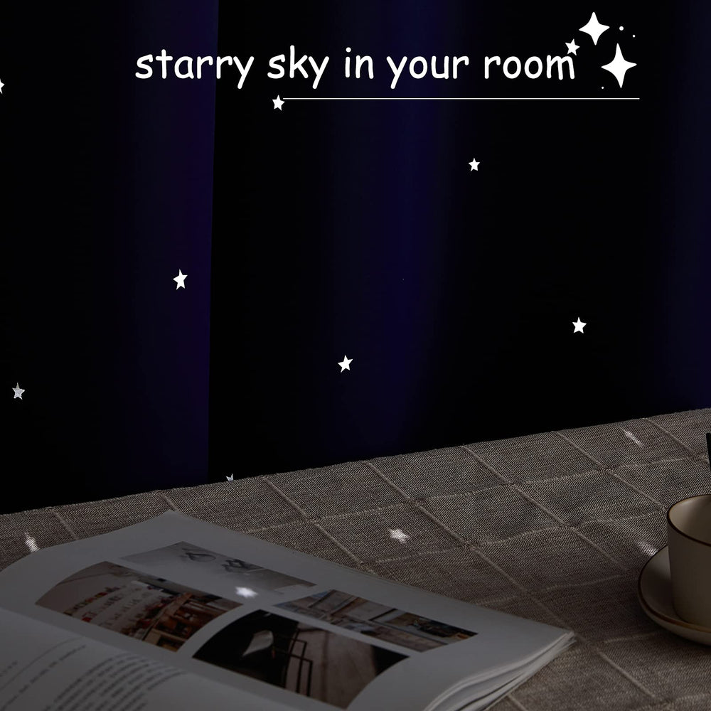NICETOWN space-themed curtain creates a cozy night-sky vibe during bedtime routines.