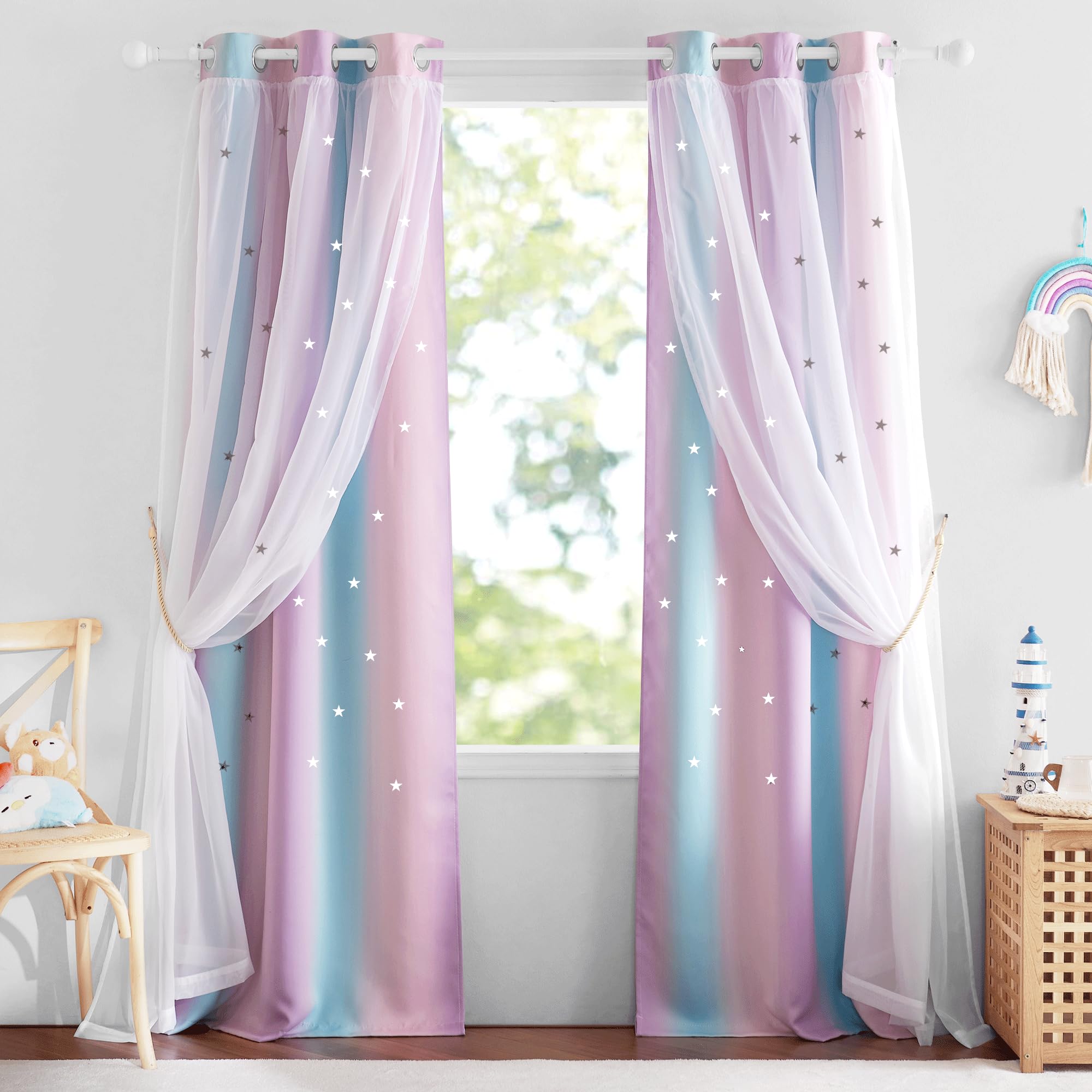 NICETOWN ombre curtains with star-cutout drapes in vivid purple-pink-blue tones, cozy room mood