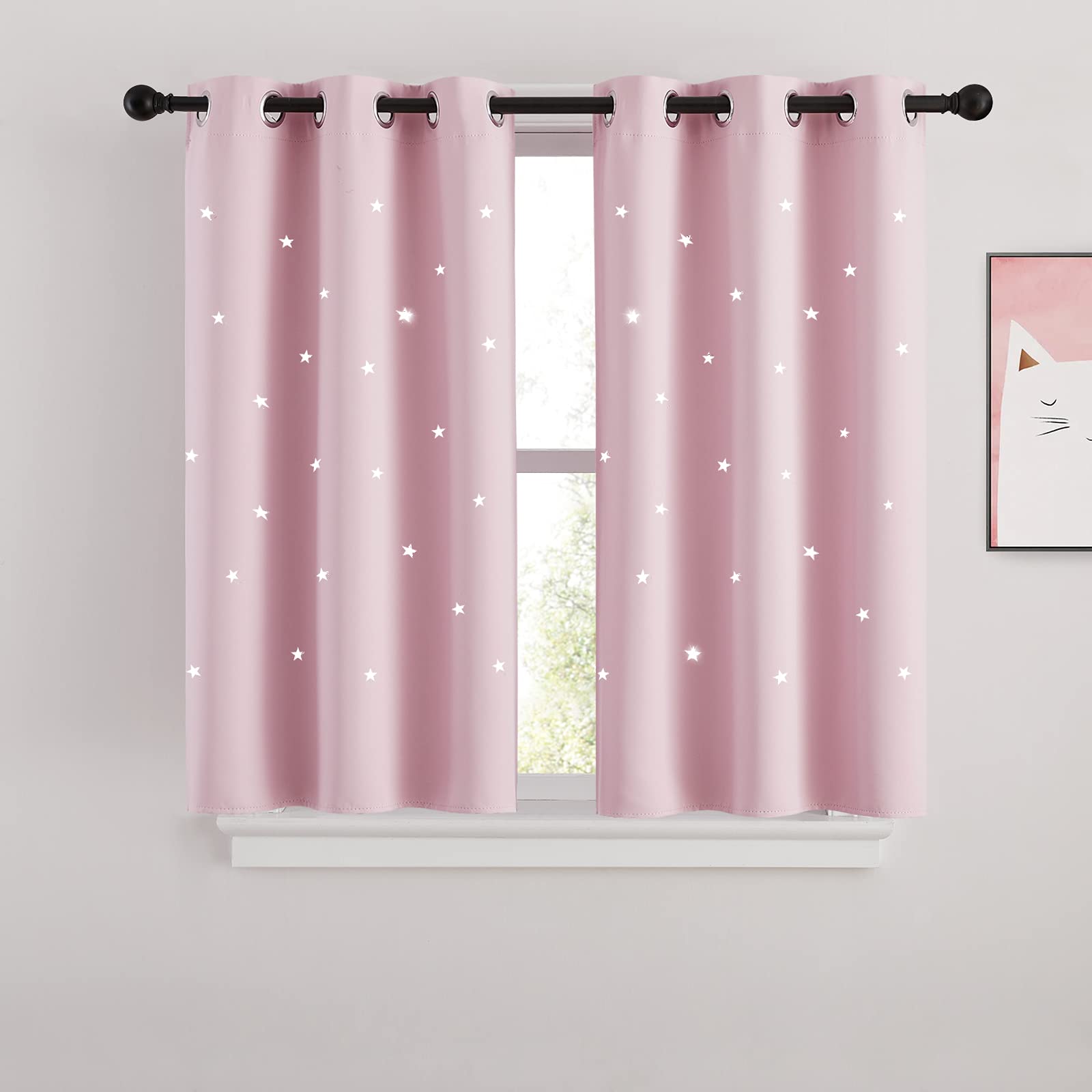 NICETOWN pink star-cutout curtains front view for a dreamy girls’ bedroom ambiance.