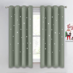 NICETOWN sage green nursery blackout curtain with star hollow-out; soft ambient light and privacy for nap time.