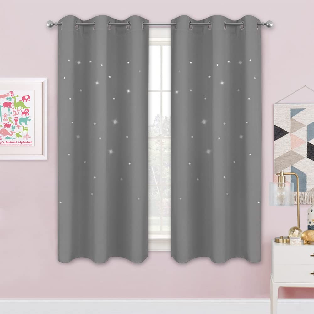 NICETOWN Silver Grey Star Curtains front view; room-darkening for daytime naps.
