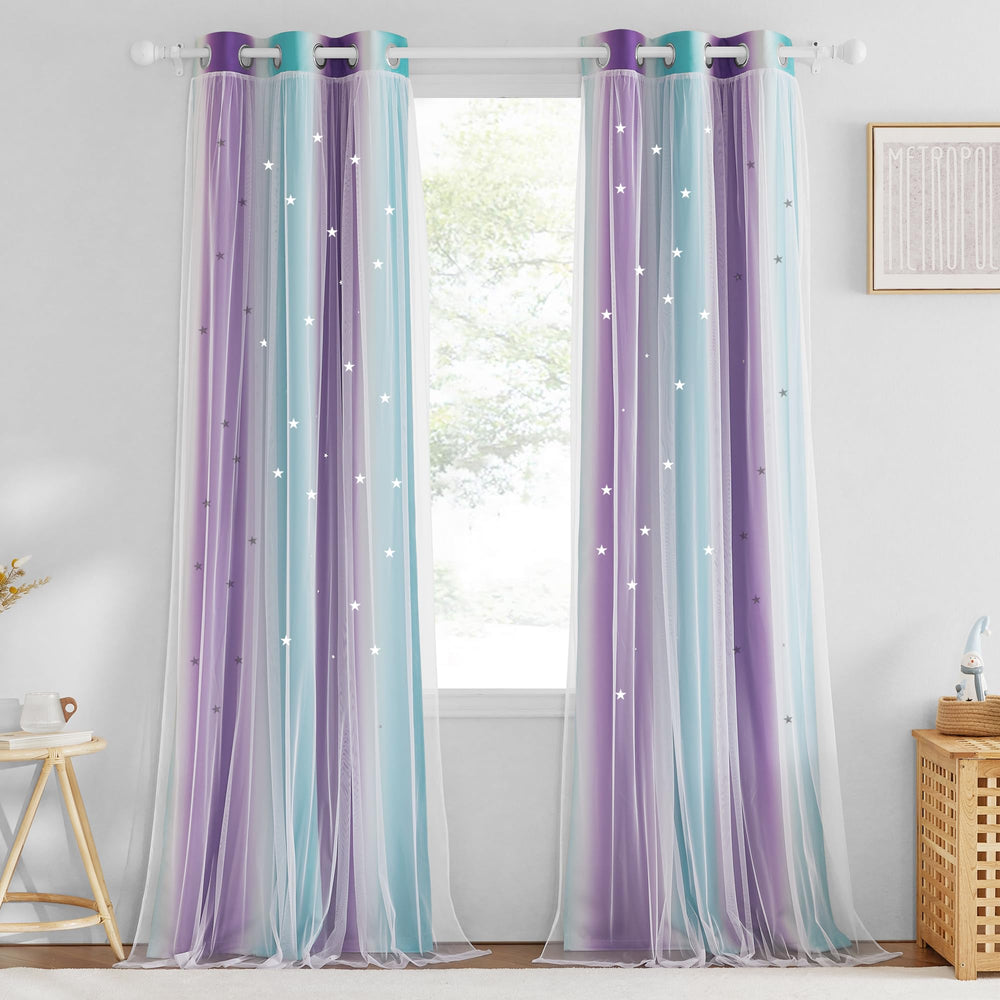 NICETOWN star-blackout-curtains nursery teal purple gradient stars closeup for dreamy privacy and light control
