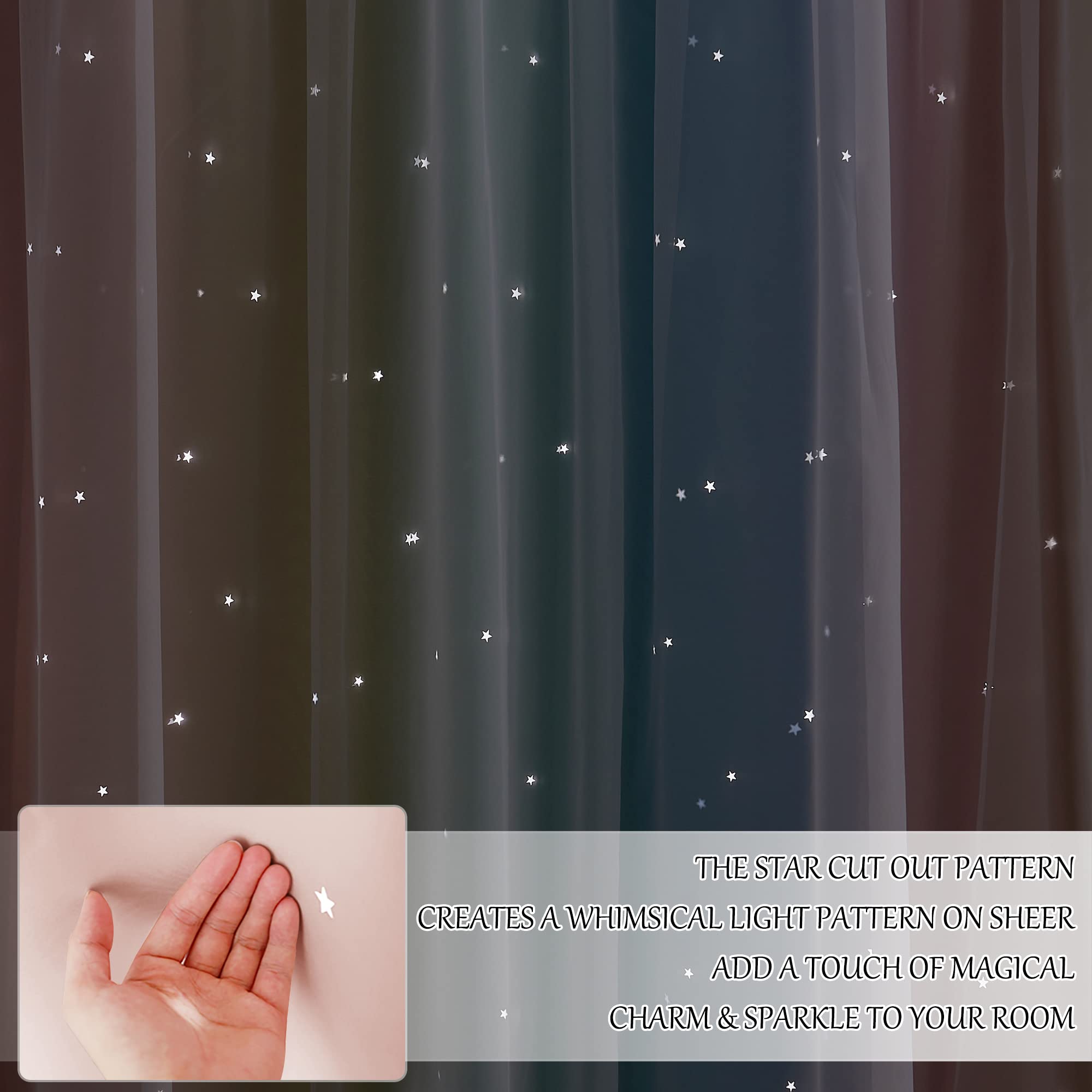 NICETOWN Star Curtains 2-piece rainbow-star set with tiebacks for easy styling.
